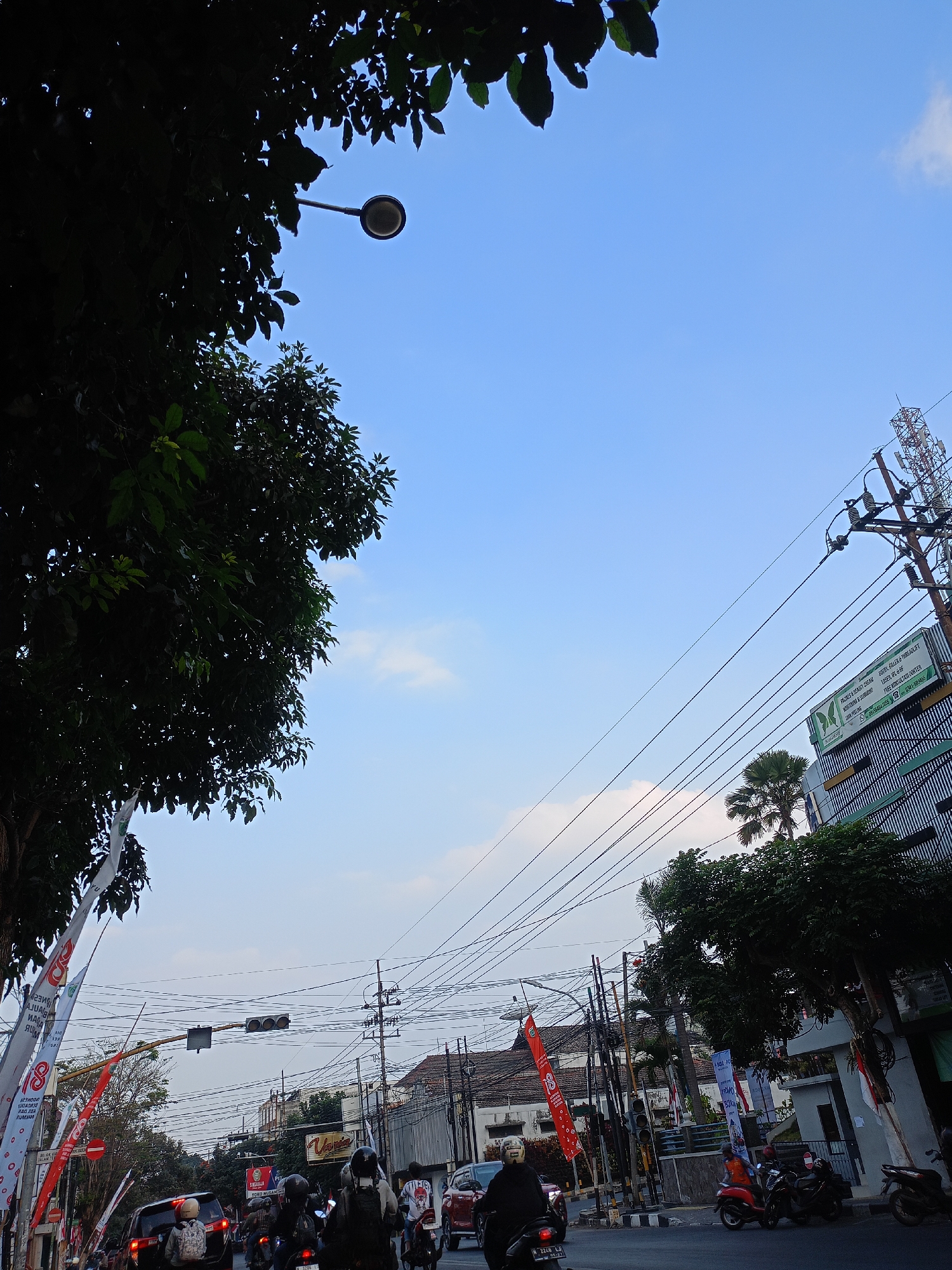 The image depicts a street scene in Batu, Indonesia, under a clear blue sky. A dense, dark green tree canopy occupies the left side of the frame, with its leaves silhouetted against the sky. A street lamp is visible within the foliage. On the right, a multi-story building with a sign that reads "FACIAL & BEAUTY CREAM" is partially obscured by power lines and utility poles. A cell tower is also present.
The street below is bustling with traffic. Several motorcycles, some with riders wearing helmets, are on the road. A black car is also visible. Red and white flags are displayed along the street, some with vertical text that appears to be in Indonesian. The overall impression is that of a busy urban environment with elements of nature interspersed.