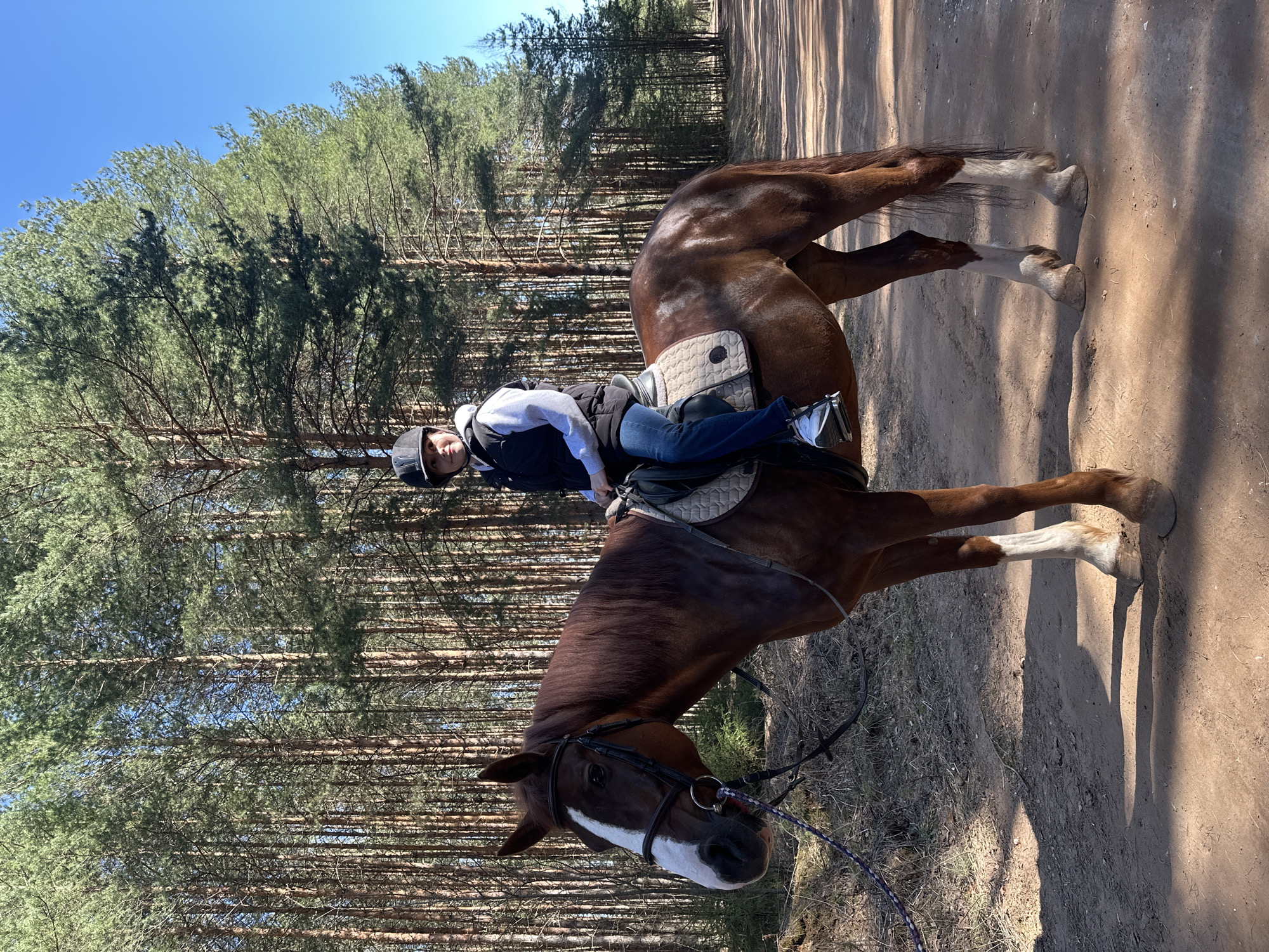 A person is riding a horse in a forest, likely in the Русский Вожой area of Russia. The person is wearing a helmet, a light-colored long-sleeved shirt, a dark vest, jeans, and sneakers. They are seated on a saddle. The horse is brown with white markings on its face and legs. The horse is standing on a dirt path in a forest of tall pine trees. The sky is visible through the trees and appears blue. The photo appears to have been taken during the day in natural light.
