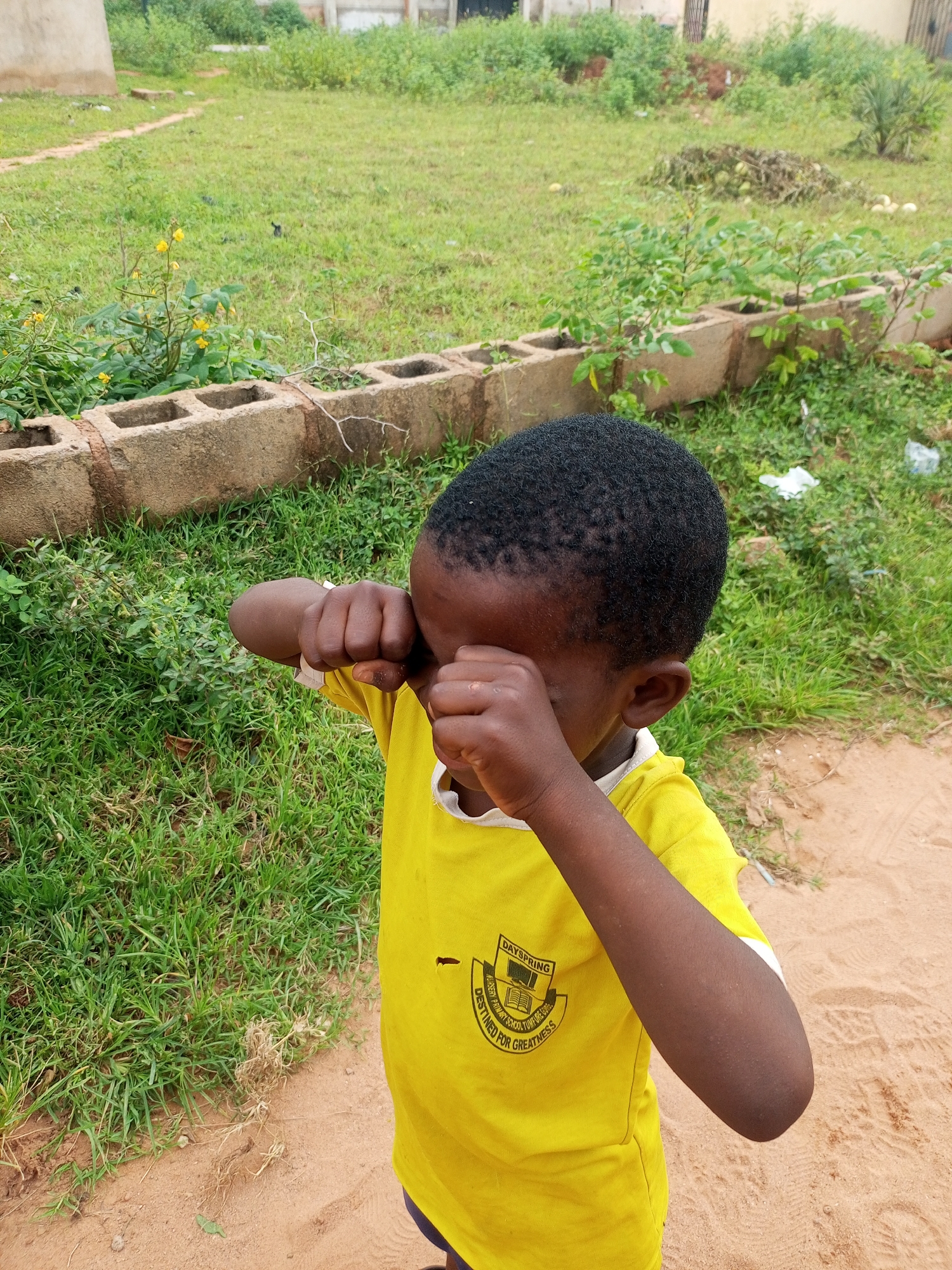 A young child with dark skin and short black hair is crying, rubbing their eyes with closed fists. They are wearing a bright yellow t-shirt with a crest on the left side. The crest displays the words "DAYSPRING", "DESTINED FOR GREATNESS", and "DAYSPRING PRIMARY SCHOOL, TOWNSHIP ZONE C." The child stands on a sandy area. Behind the child, a low wall made of concrete blocks separates the sandy ground from a grassy area with sparse green plants and some dried vegetation. In the background, there is more overgrown green vegetation and the corner of a building. The scene appears to be outdoors in a somewhat unkempt environment. The overall impression is of a child experiencing distress in a simple, rural-like setting.