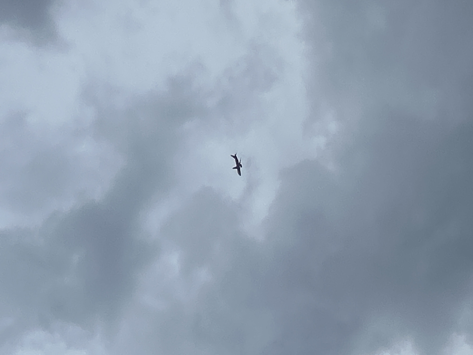 An airplane is visible in the sky over Moskovskiy, Russia. The airplane is dark in color and is flying against a background of gray, overcast clouds. The image is taken from a low angle, looking up at the sky. No other subjects or objects are visible in the image. The environment appears to be urban, given the reference to Moskovskiy, Russia.