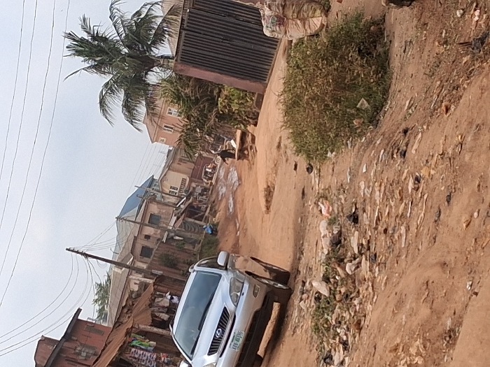 A street scene in Egan, Nigeria, features an unpaved, reddish-brown dirt road under an overcast sky. The foreground is marked by significant litter, including plastic and paper debris. A silver Lexus RX SUV, with license plate KFV 483NS, is positioned on the left side of the road. To the right, a dense green shrub and stacked white sacks are visible. The midground road exhibits muddy depressions and extends towards various multi-story buildings. On the left, a reddish-brown structure with a corrugated metal awning displays hanging garments from a market stall, adjacent to a partially visible individual in a white garment. On the right, a dark metal gate precedes a tall palm tree. Another individual, dressed in dark attire, walks away from the viewer on the right side of the road. Further down the street, a tricycle (keke napep) is discernable among additional residential and commercial structures. Overhead utility lines are suspended between wooden poles across the scene.