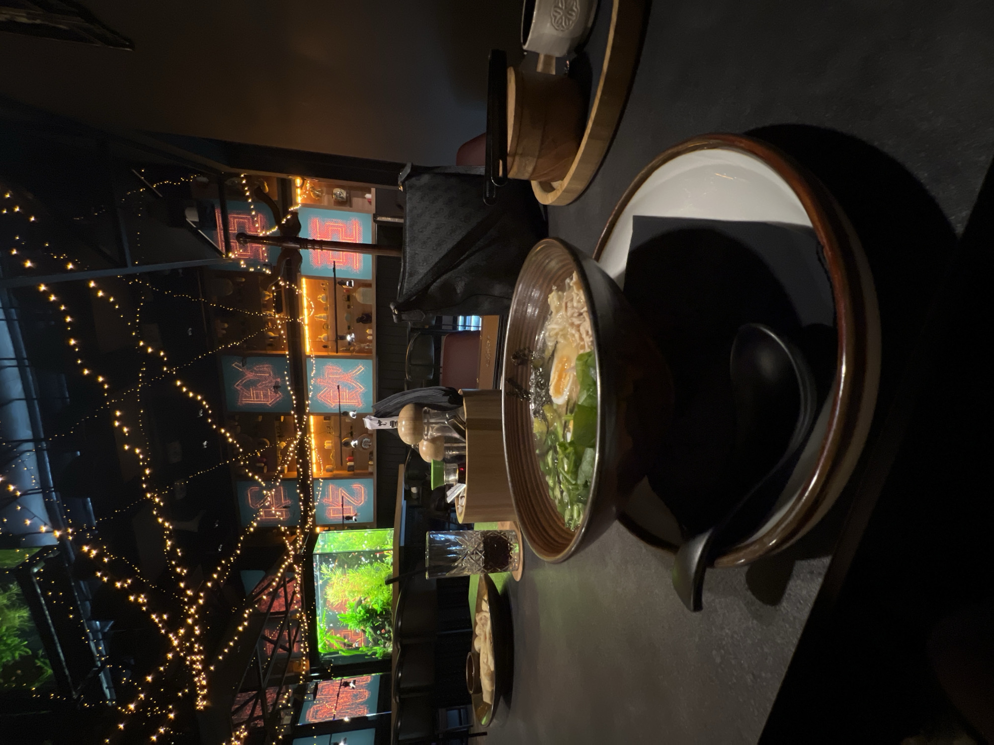 The image captures a dimly lit, intimate dining scene inside a restaurant in Burgas, Bulgaria, likely during the evening. The foreground features a meal served on a dark table. A prominent bowl of ramen or a similar noodle soup, topped with a soft-boiled egg and green vegetables, sits to the left. Next to it is another dark bowl containing a black spoon, and further right, a small dish holds what appear to be dumplings or appetizers. A glass with a dark beverage is also visible on the table.
In the mid-ground, a black patterned bag is placed on a seat or bench behind the table, alongside a wooden tray with small condiment containers. The background is richly decorated with warm, glowing elements. Numerous strings of small, star-like yellow lights are draped across the space, creating a cozy and festive ambiance. Behind these lights, several illuminated panels display stylized red or orange patterns and characters, reminiscent of Asian script, with some resembling a stylized "卍" (manji) symbol or the number "2" or "Z". Below some of these panels, illuminated aquariums filled with vibrant green aquatic plants add to the unique decor. No people are visible, but the prepared meal indicates an ongoing or imminent dining experience.