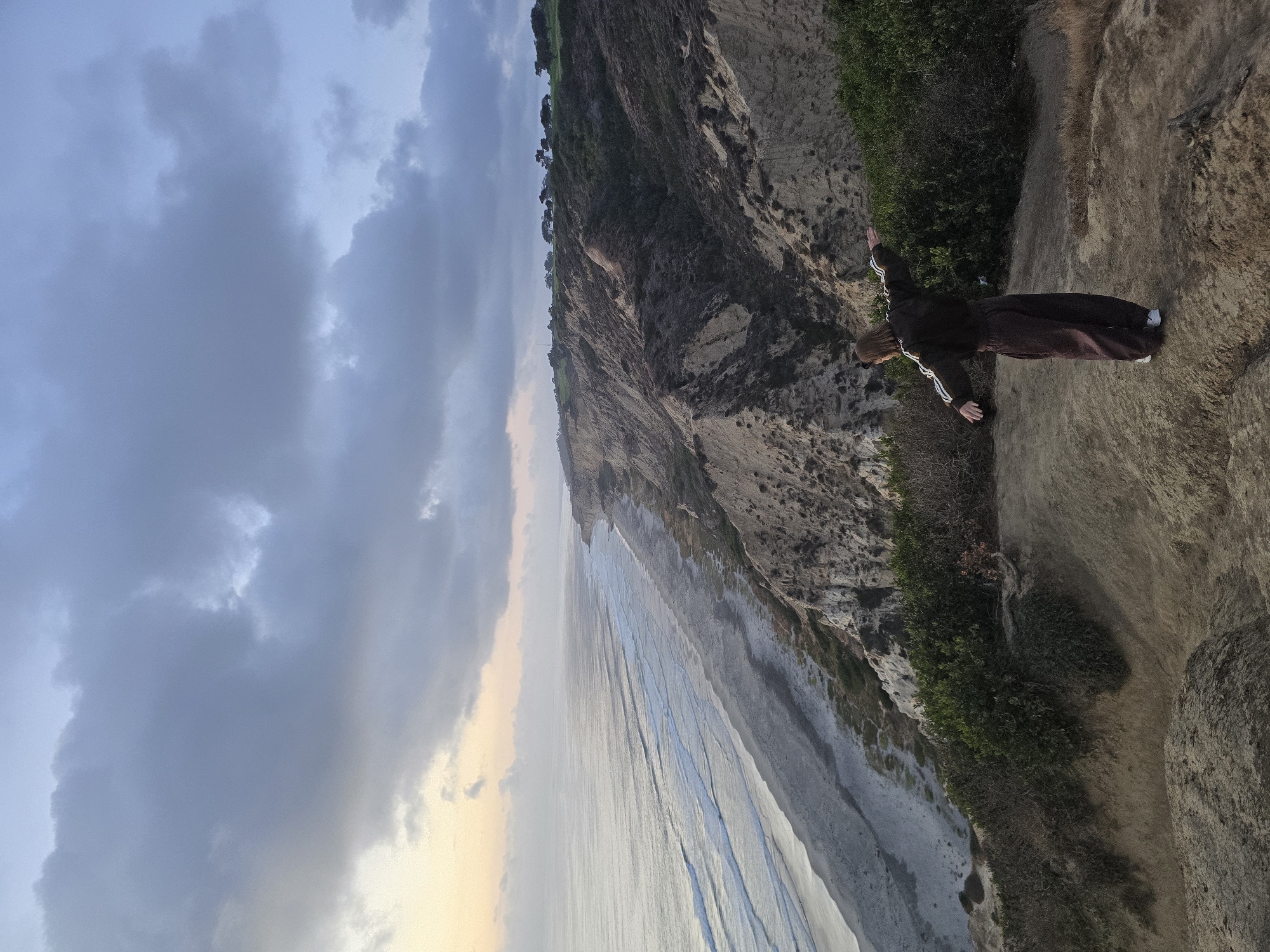 A young person stands on a cliff overlooking the Pacific Ocean, with their arms outstretched. The sky is cloudy, with a hint of sunset. The person is wearing a dark brown tracksuit and white sneakers. The cliff is covered in dry brush and rocks. A beach stretches along the coast below, with waves gently breaking on the shore. The scene appears to be Torrey Pines State Natural Reserve in San Diego, California, USA.