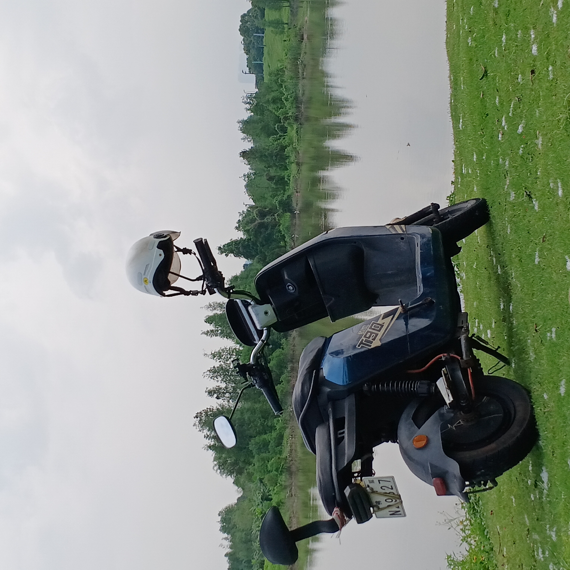 A vertical outdoor shot shows a blue and black electric scooter parked on a vibrant green, grassy bank beside a serene body of water. The scooter is positioned facing left, with a white helmet resting on its handlebars. The model name "T90" is visible in gold lettering on the side of the scooter, along with other faded text. A license plate, partially obscured but clearly showing "N. 9627" along with a Chinese character, is attached to the rear of the vehicle.
Across the tranquil water, a dense line of green trees and vegetation forms the opposite bank, with their reflections subtly visible on the water's surface. The sky above is overcast, indicating a cloudy or diffused light day. No people are visible in the scene, which exudes a sense of calm and natural beauty. The setting suggests a peaceful stop or break in a journey through the scenic Shunde District, China.