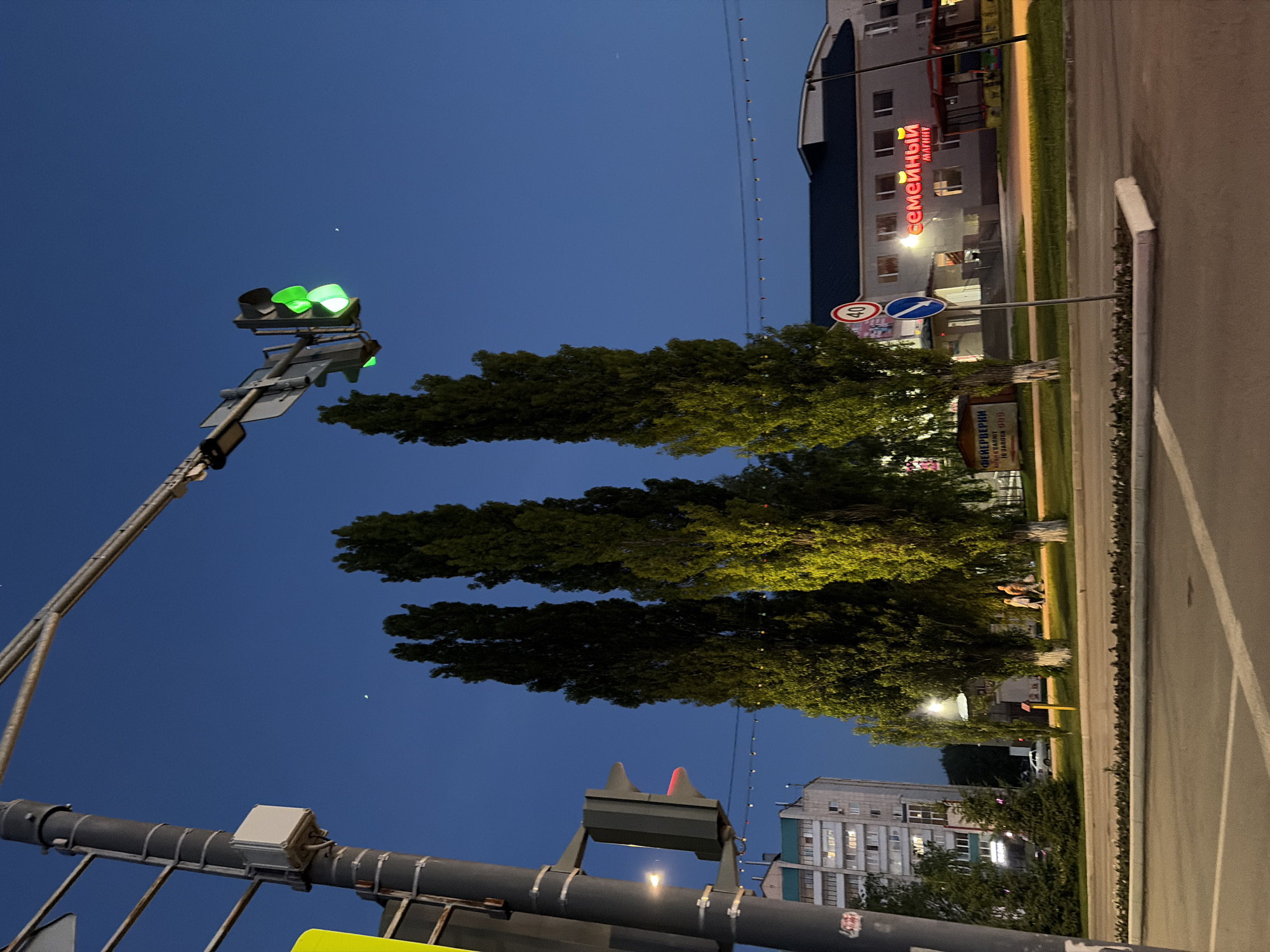 The image depicts a street scene in Tujmazy, Russia, at dusk or night. A traffic light with a green signal is prominently displayed, illuminated against a dark blue sky. Several tall trees with lush green foliage line the street, their leaves catching the artificial light from nearby buildings.
In the background, a building with illuminated windows and a prominent red sign displaying "семейный МАГНИТ" is visible. Road signs, including one indicating a speed limit of 40, are also present. A few people can be seen walking on the sidewalk, their presence adding a sense of everyday life to the scene. The street itself is paved, with a white curb and a pedestrian walkway. The overall atmosphere is calm and serene, with the artificial lights casting a warm glow on the surroundings.