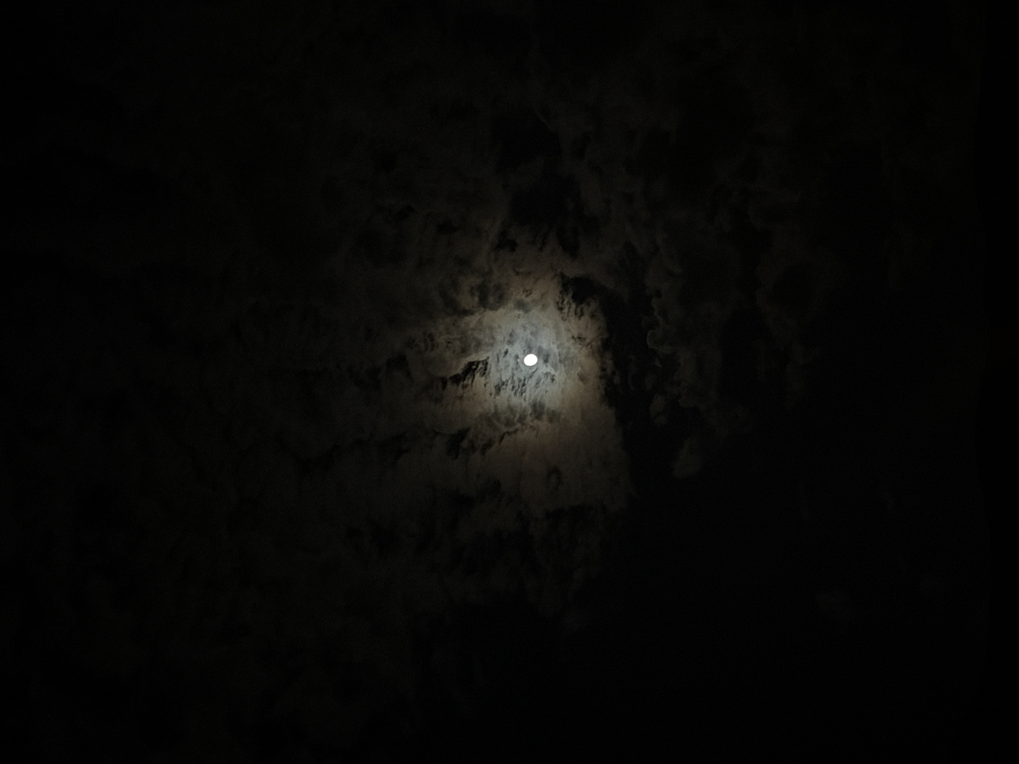 The image shows a night sky with a full moon peeking through the clouds. The scene is dark, with only the moon providing illumination. The clouds are dark and textured. There is no indication of the location being Sofia, Bulgaria. There are no people, objects, actions, or interactions present in the image, beyond the natural elements of the moon and clouds.
