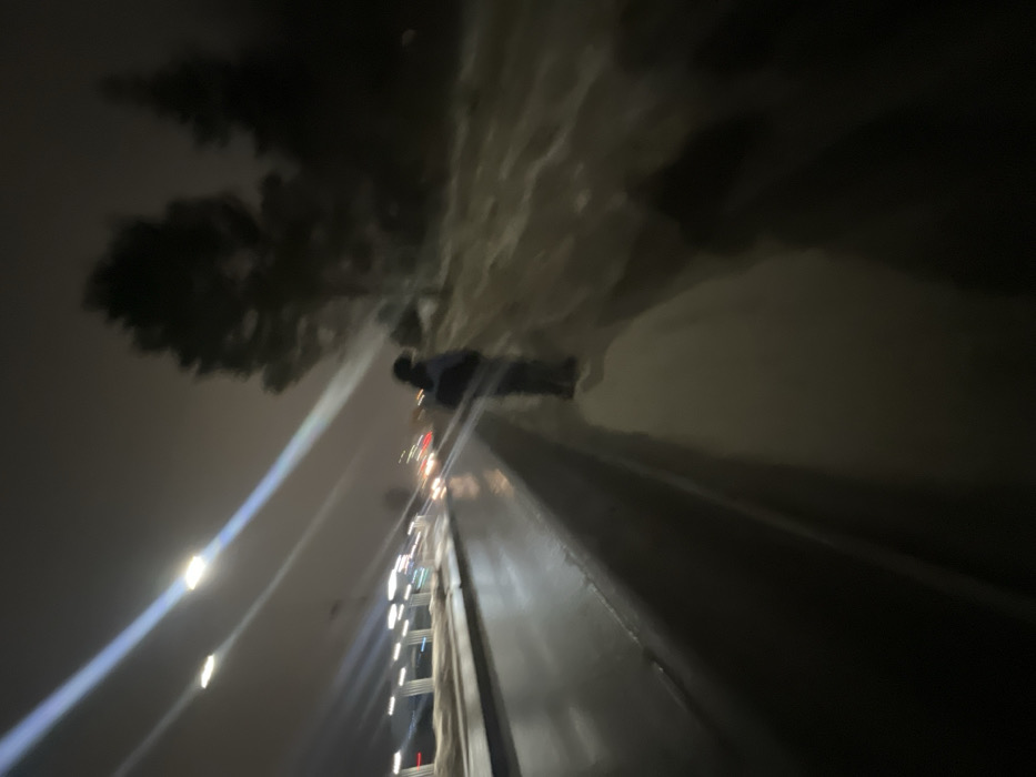 The image depicts a blurred, nighttime street scene in Yelabuga, Russia. In the mid-ground, a single human figure, indistinct due to motion blur or low light, stands on a paved sidewalk to the right of a wet asphalt road. The individual appears dressed in dark pants and a jacket with a lighter-toned upper section, facing generally away from the camera or parallel to the road.
The road surface, slick with moisture, reflects numerous elongated streaks of bright white light originating from overhead streetlights or similar fixtures positioned to the left, extending diagonally across the upper left portion of the frame. Further along the road in the distance, blurred red taillights and white headlights of vehicles are visible. To the far left, a linear structure with evenly spaced lights runs parallel to the road, possibly a building facade or a covered walkway.
On the right side of the scene, beyond the sidewalk, the ground slopes gently and appears uneven, possibly covered in sparse snow or vegetation. Dark silhouettes of several tall trees rise against the dim, overcast night sky in the background, indicating a treed area adjacent to the street. The overall scene is characterized by pervasive blur and low light.