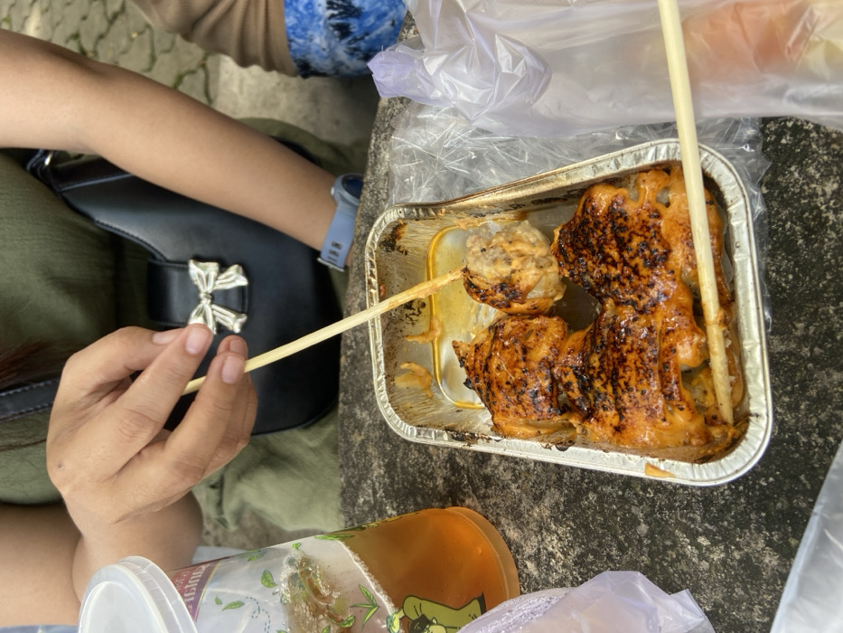 The image shows a person using chopsticks to eat a meal of grilled chicken and rice, in a restaurant in Kecamatan Sidoarjo, Indonesia (coordinates: -7.441, 112.705). The person is sitting at a table with a plastic bag of food in front of them and a glass of iced tea. The person is wearing a green dress and a black purse. They are using their right hand to hold the chopsticks. The food is in a silver foil container. The food looks delicious and the person appears to be enjoying their meal. The environment is a typical outdoor cafe with tables and chairs. The person is seated at the table and appears to be enjoying their meal.