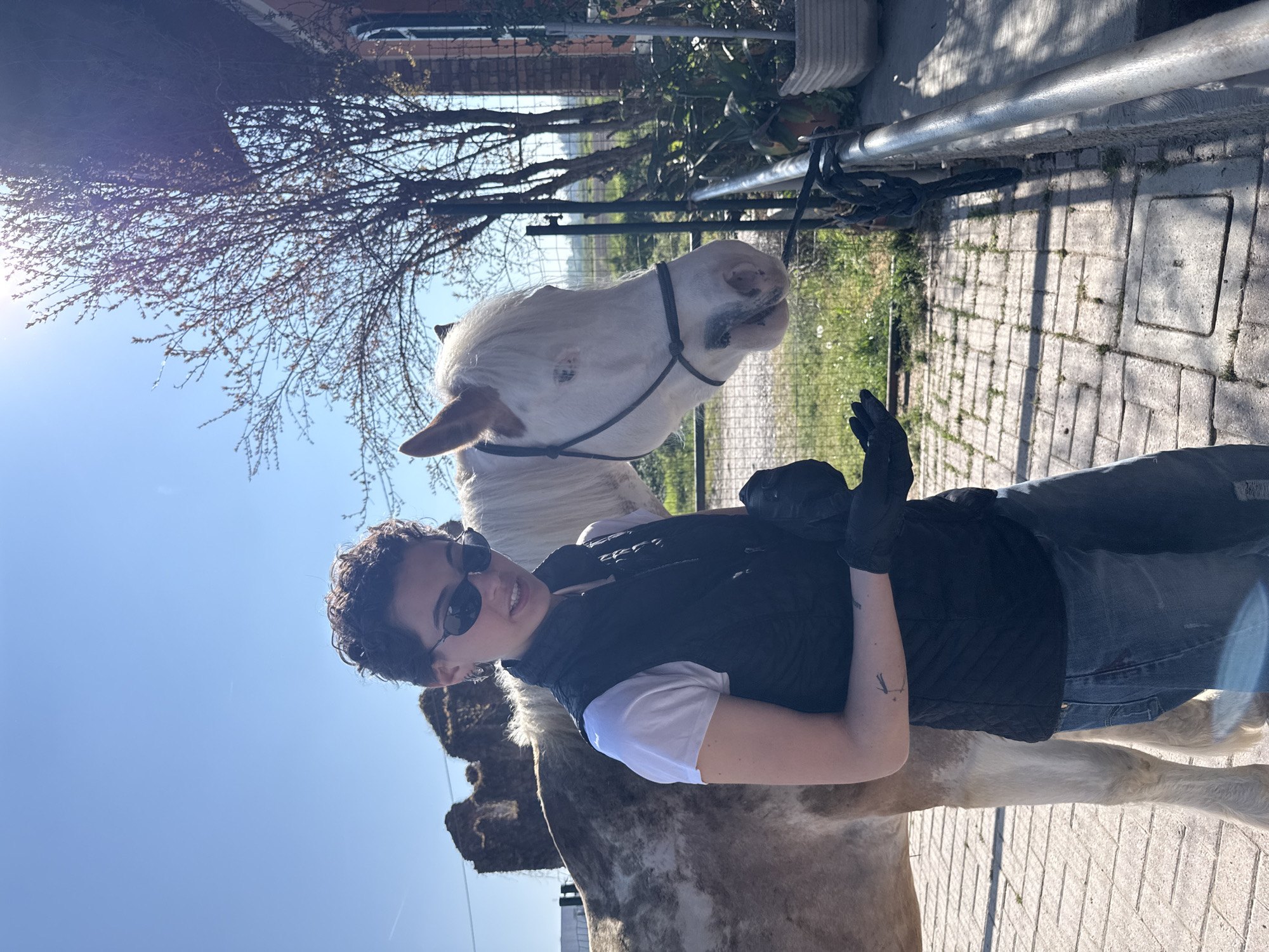A person wearing sunglasses, a white t-shirt, a black vest, blue jeans, and black gloves is standing with a white horse. The horse is wearing a black rope halter. The background includes a building, a tree, a metal fence, and a brick walkway. The sky is blue. The photograph appears to be taken in Spino d'Adda, Italy.