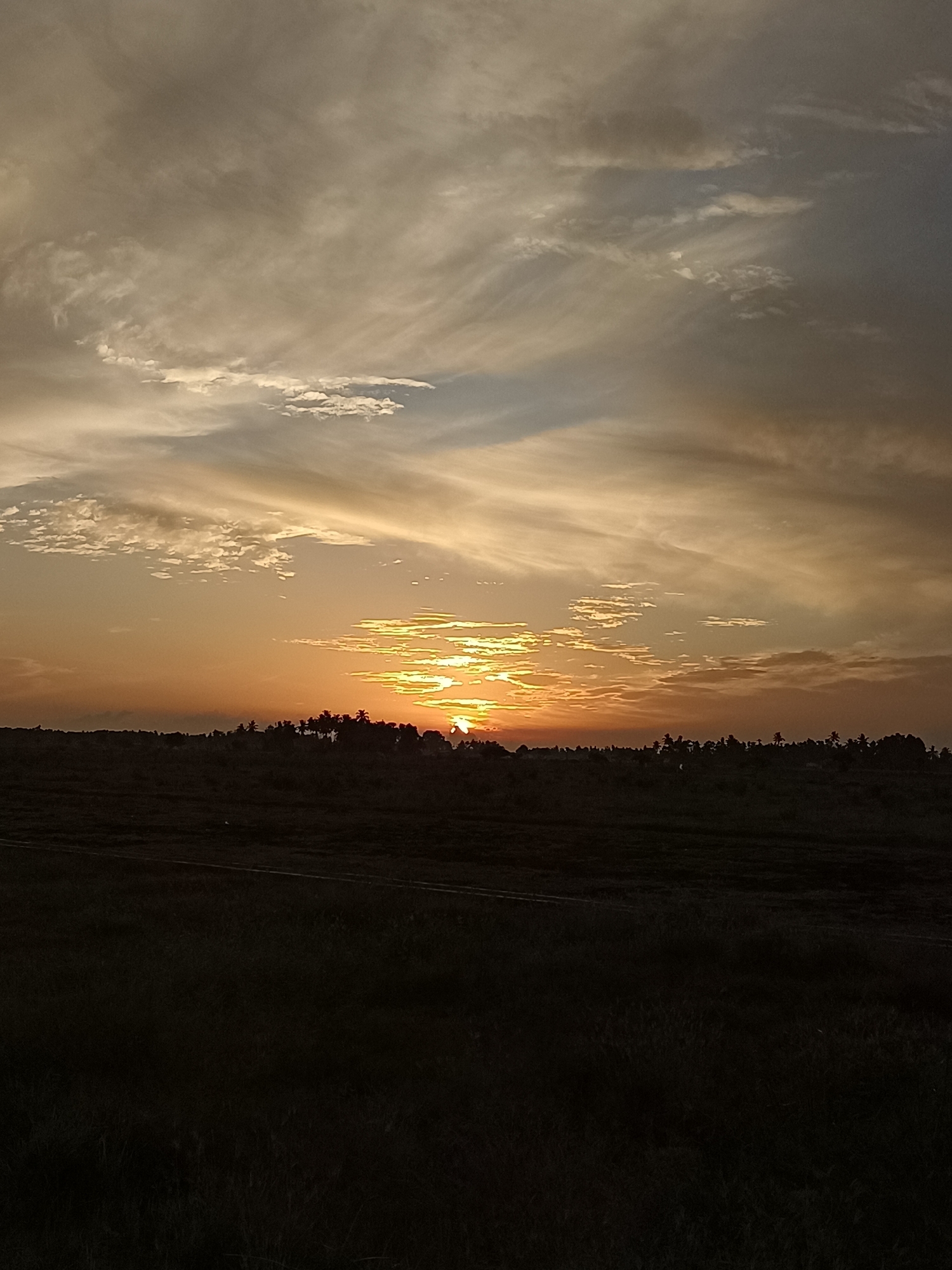 A scenic sunset over a rural landscape in Meunasah Pupu, Indonesia, is depicted in this image. The sky is filled with a dramatic display of clouds, transitioning from deep grays and blues at the top to warm oranges and yellows near the horizon. Wispy, elongated clouds are illuminated by the setting sun, creating a painterly effect. Below the vibrant sky, a dark silhouette of trees and a low-lying horizon line are visible. The foreground consists of a dimly lit field, likely covered in vegetation, rendered in deep shadows. No people or specific structures are discernible in the scene. The overall impression is one of natural beauty and tranquility during twilight.