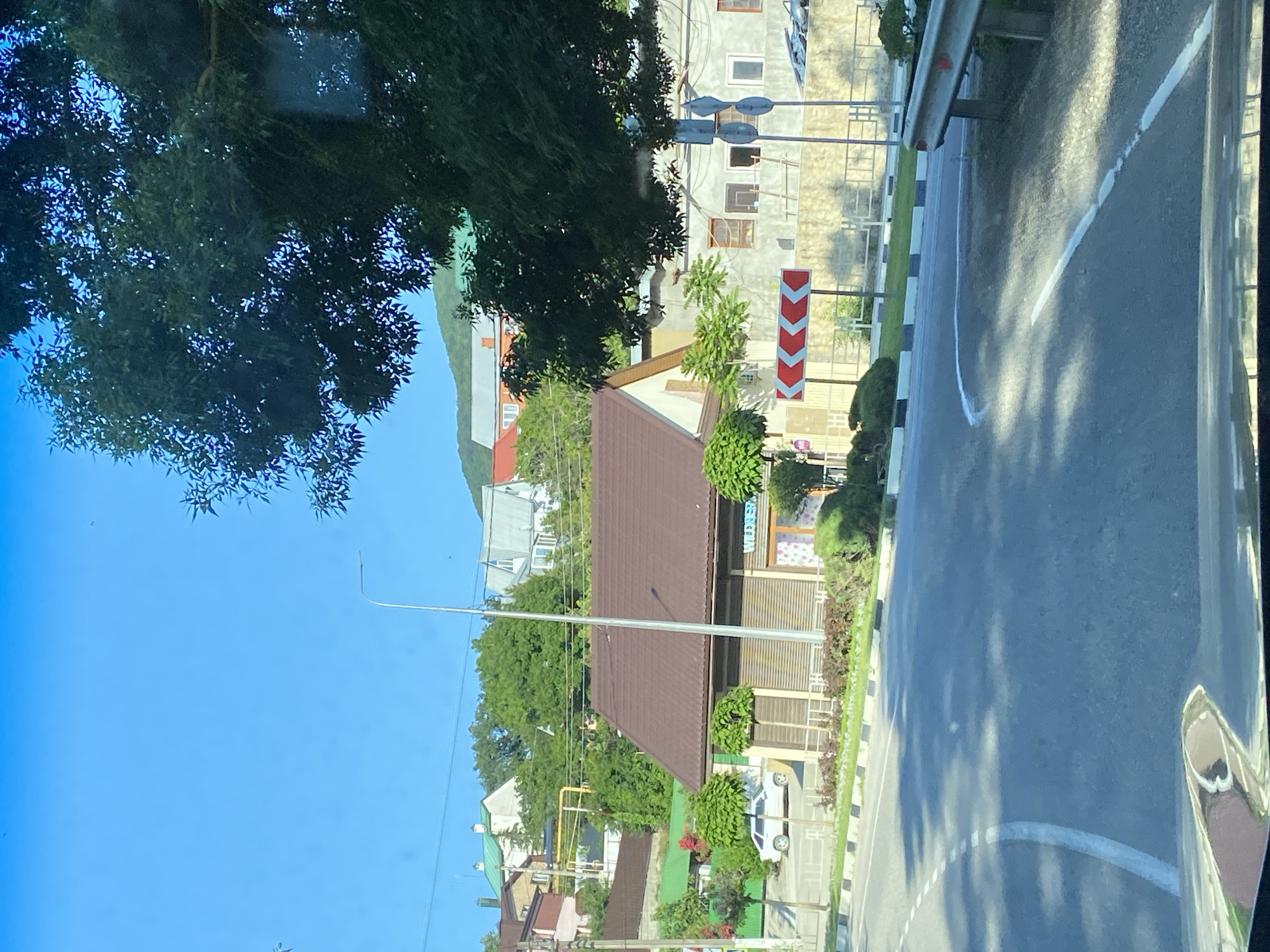 The image captures a sunny daytime street scene in Severnaya Ozereevka, Russia, viewed from inside a vehicle with dashboard reflections at the bottom. A paved road with white dashed and solid lane markings curves to the right in the foreground, bordered by a black and white striped curb. A metal guardrail is visible on the far right.
In the midground, on the left side of the road, a white car is parked. An landscaped island with spherical topiary bushes fronts a single-story building featuring a brown pitched roof and light-colored walls. Horizontal slatted windows or doors line its facade, and a sign on the right side of the building clearly displays "WILDBERRIES," identifying it as a commercial establishment. A tall street lamp post stands centrally in front of this building. Further right, a red and white chevron sign with three arrows points sharply right, indicating a road curve. Behind this sign, a light grey building with multiple window openings appears, possibly under construction or renovation. A large, densely foliated green tree partially obscures the right side of the midground.
The background reveals a residential area with various houses featuring green, grey, orange, and brown roofs, situated on green, tree-covered hills. Utility poles and power lines are visible against a clear, bright blue sky. No individuals are discernible in the frame.