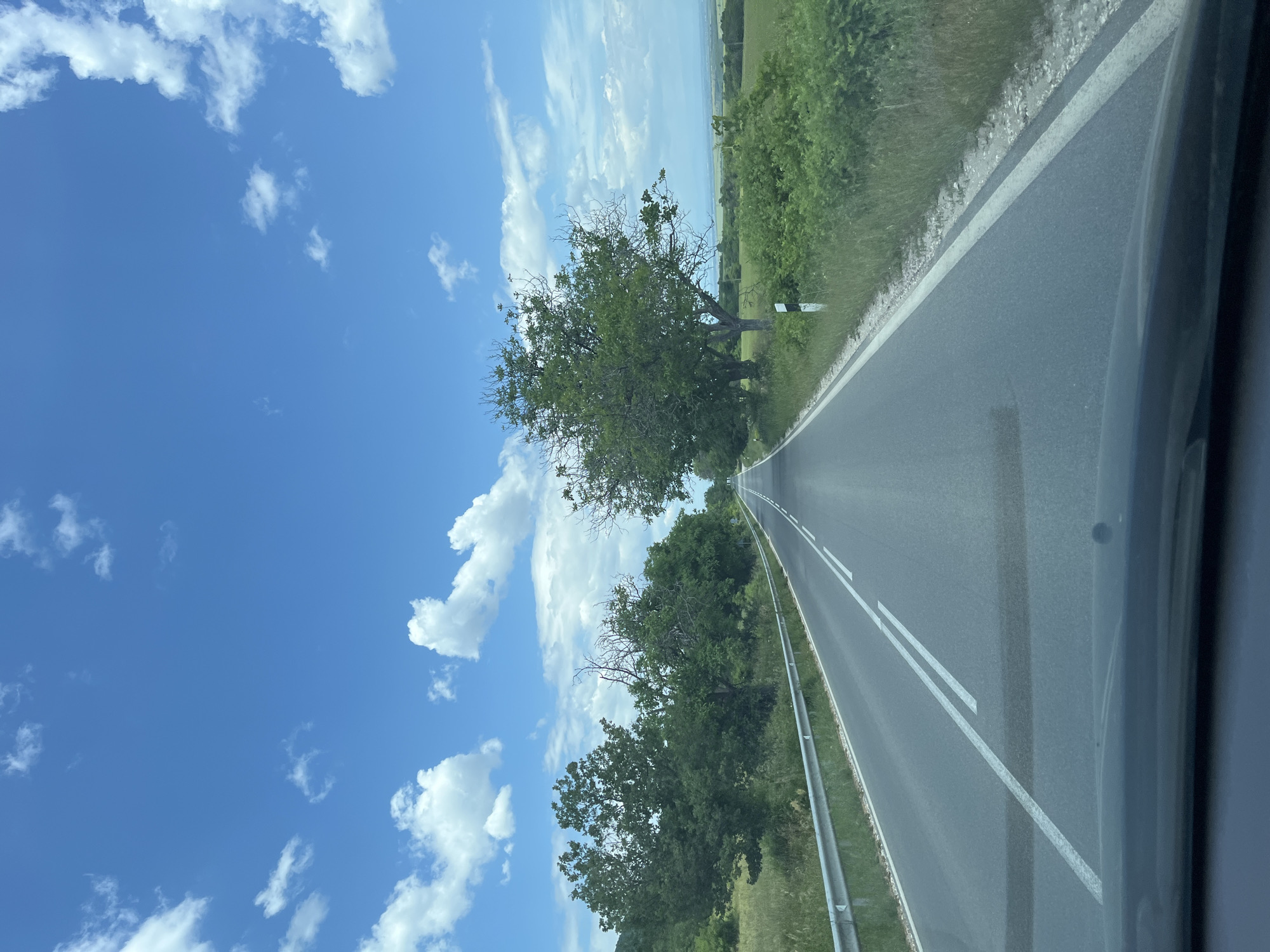 A slightly angled view of a two-lane road stretching into the distance, bordered by green vegetation on the right and a vibrant blue sky with scattered white clouds on the left. The road is asphalt, marked with double white lines dividing the lanes. Guardrails run alongside the road. Trees are planted on the road edges. The shot appears to be taken from inside a vehicle, with part of the vehicle frame visible on the right. The location is potentially near Cherven, Bulgaria. There is no visible human activity.