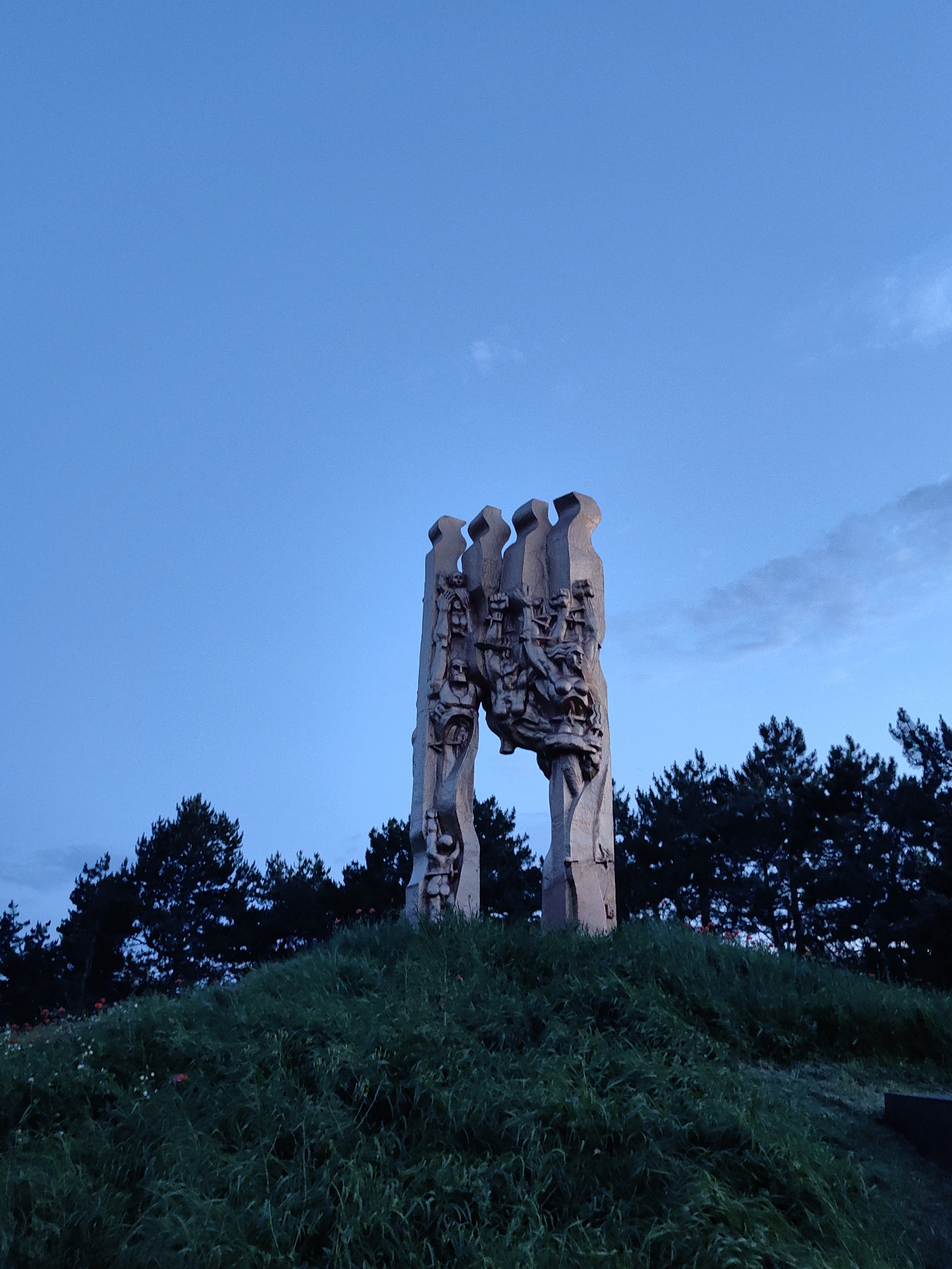 A monumental sculpture, possibly a war memorial, stands atop a grassy hill. The sculpture is made of stone or concrete and features abstract figures and scenes carved into its surface. The sky above is a deep blue, indicating either early morning or late evening. A line of dark green pine trees forms a backdrop behind the hill. Scattered among the grass on the hill are small red flowers, likely poppies. The scene is set in a natural outdoor environment, likely within the territory of Зуйское сельское поселение, Ukraine. There are no people visible in the image, and no specific actions or interactions are depicted. The focus is on the imposing sculpture and its surrounding landscape.