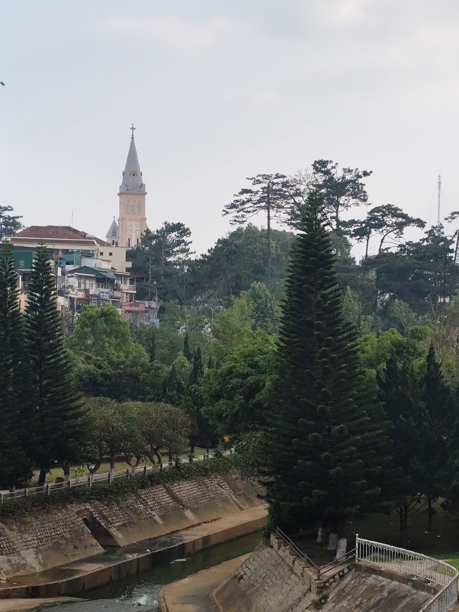 The image presents a view of Da Lat, Vietnam, featuring a concrete canal in the foreground. Water flows within the canal, its edges lined with stone and concrete banks. A white metal railing stands on the right side, overlooking the canal.
Behind the canal, a line of trees partially obscures a sidewalk and street. In the middle ground, dense green trees and foliage dominate the landscape. Beyond the trees, buildings of varying heights and styles are visible, situated on a hillside. Notably, the steeple of a church rises above the buildings and trees. A communication tower is also visible in the distance. The sky is overcast and muted.