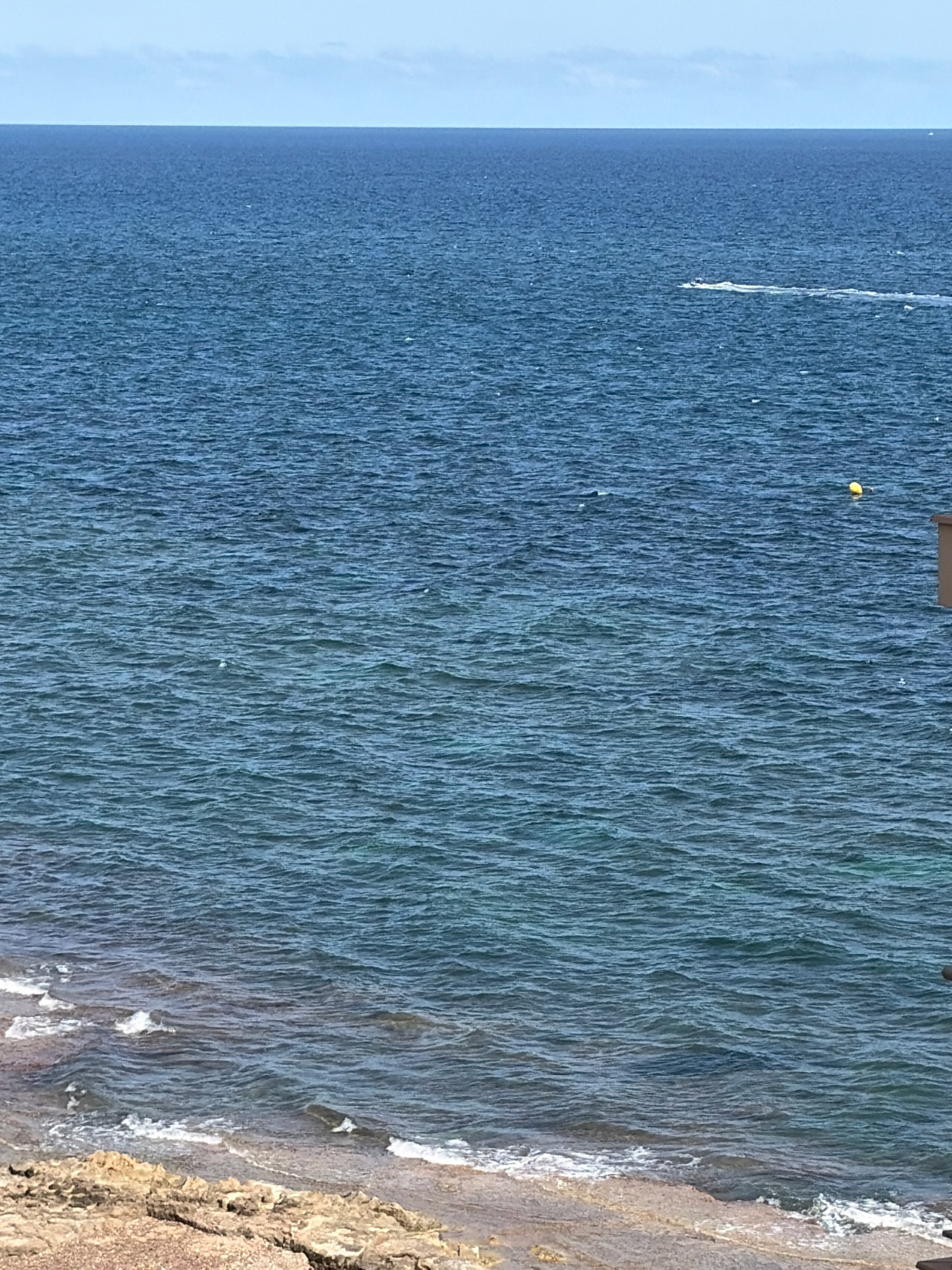 An elevated, wide shot shows a tranquil, blue ocean stretching to the horizon under a hazy, pale blue sky. Small waves gently lap against a rocky shore in the foreground. A yellow buoy floats on the water's surface, and a jet ski leaves a white wake in the distance. A hint of a brown structure is visible on the right edge of the frame, possibly part of a building or pier. The scene depicts a peaceful coastal environment, likely in Torrevieja, Spain, characterized by its clear waters and sunny weather.