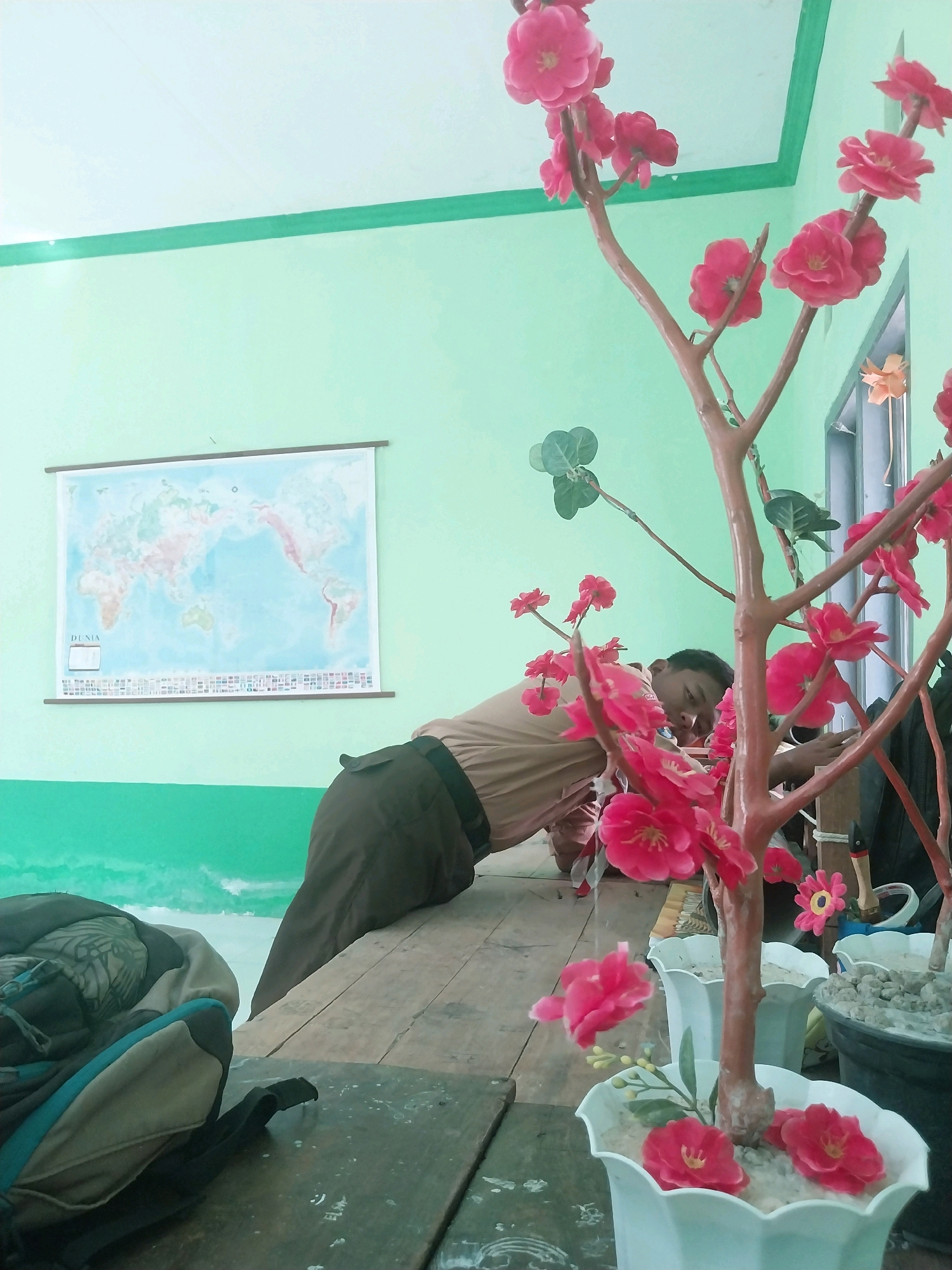 The image depicts a classroom environment in Pandean, Indonesia. A young male, dressed in a light brown uniform, is positioned on the floor with his upper body extended forward, seemingly engaged in a task or activity. He is wearing a dark brown skirt or trousers. In the foreground, a wooden table is laden with various items, including a backpack with a grey, blue, and black design. Artificial pink flowers in white and black pots are prominent on the table, with a tall decorative tree featuring pink blossoms dominating the right side of the frame. The wall behind the student is painted a light green, and a world map is displayed on it. The overall impression is one of a school setting during what appears to be a daytime activity.