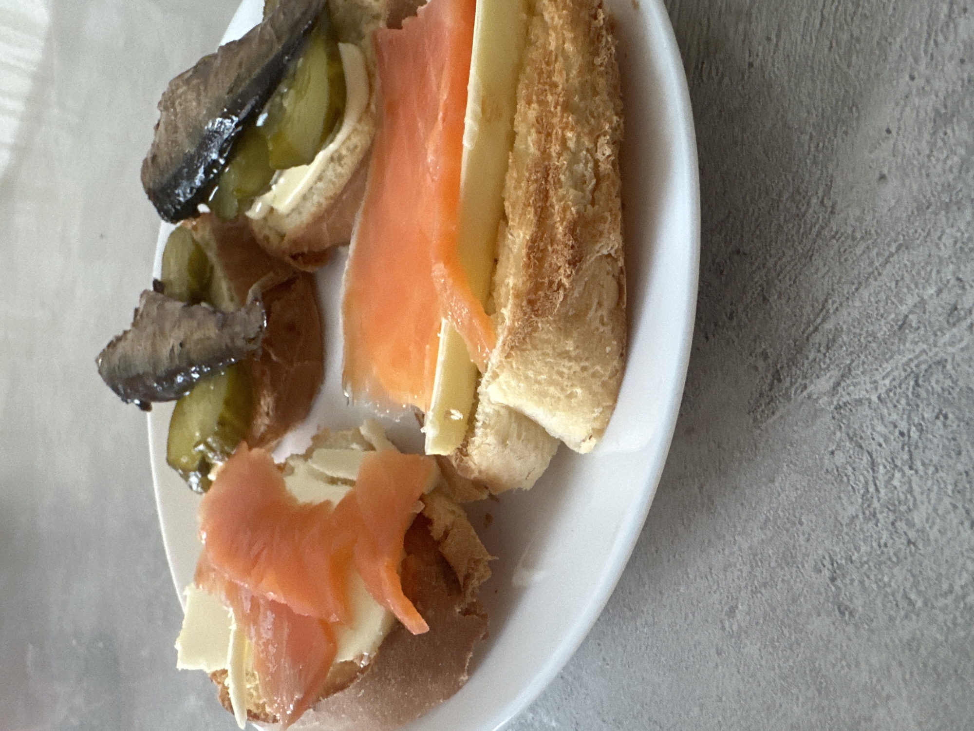 The scene depicts four prepared open-faced sandwiches arranged on a white, round ceramic plate. This plate rests on a light grey, textured surface, indicative of a kitchen countertop or dining table, located in Chaikovsky, Russia.
Two of the sandwiches consist of toasted bread, each topped with a rectangular slab of light yellow butter and a folded portion of orange-pink smoked salmon. The remaining two sandwiches also feature toasted bread, each layered with thin green pickle slices, a small amount of white sauce (possibly mayonnaise), and a whole, dark-skinned fish, consistent with a sprat or sardine. The bread bases are golden-brown from toasting. The overall lighting is bright and even, suggesting an indoor setting. No individuals, actions, or specific interactions are present in the frame; the focus is solely on the static food arrangement.