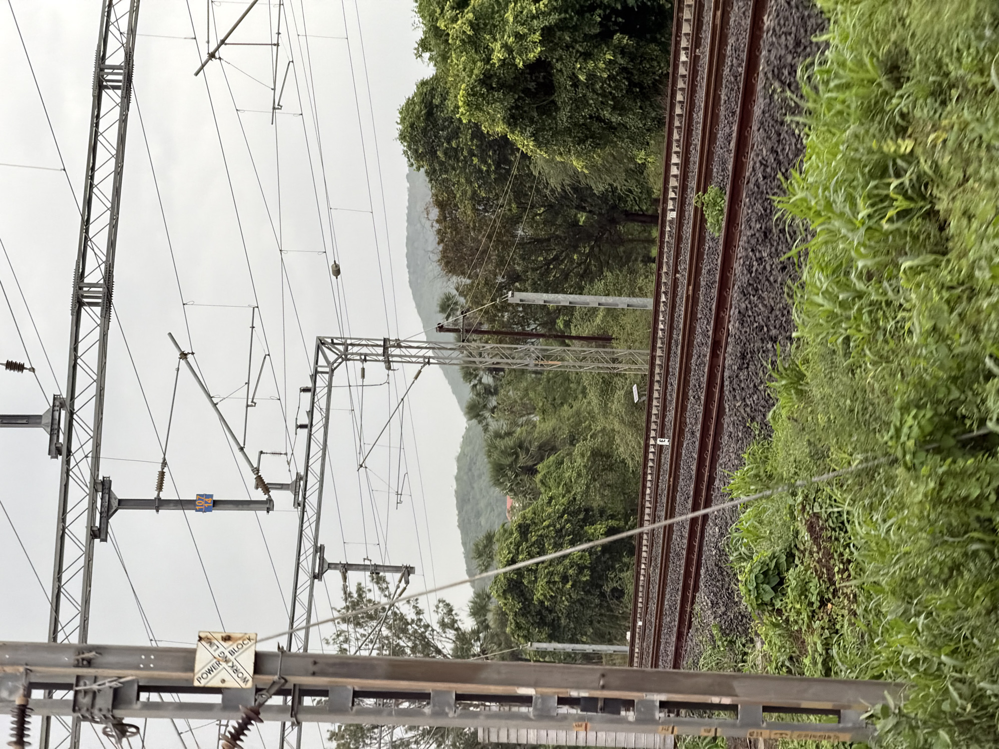 The image shows a view of a railway line in Saphale, India, with overhead power lines and supporting structures. In the foreground, a tall metal pole with a sign is visible on the left. The sign has text that appears to say "POWER LINE" and "WORK BLOCK." Several sets of parallel railway tracks run horizontally across the mid-ground. The tracks are made of dark gravel and red-brown sleepers. Beyond the tracks, dense green foliage and trees form a natural backdrop, with hills visible in the distance under an overcast sky. The scene is devoid of people.
