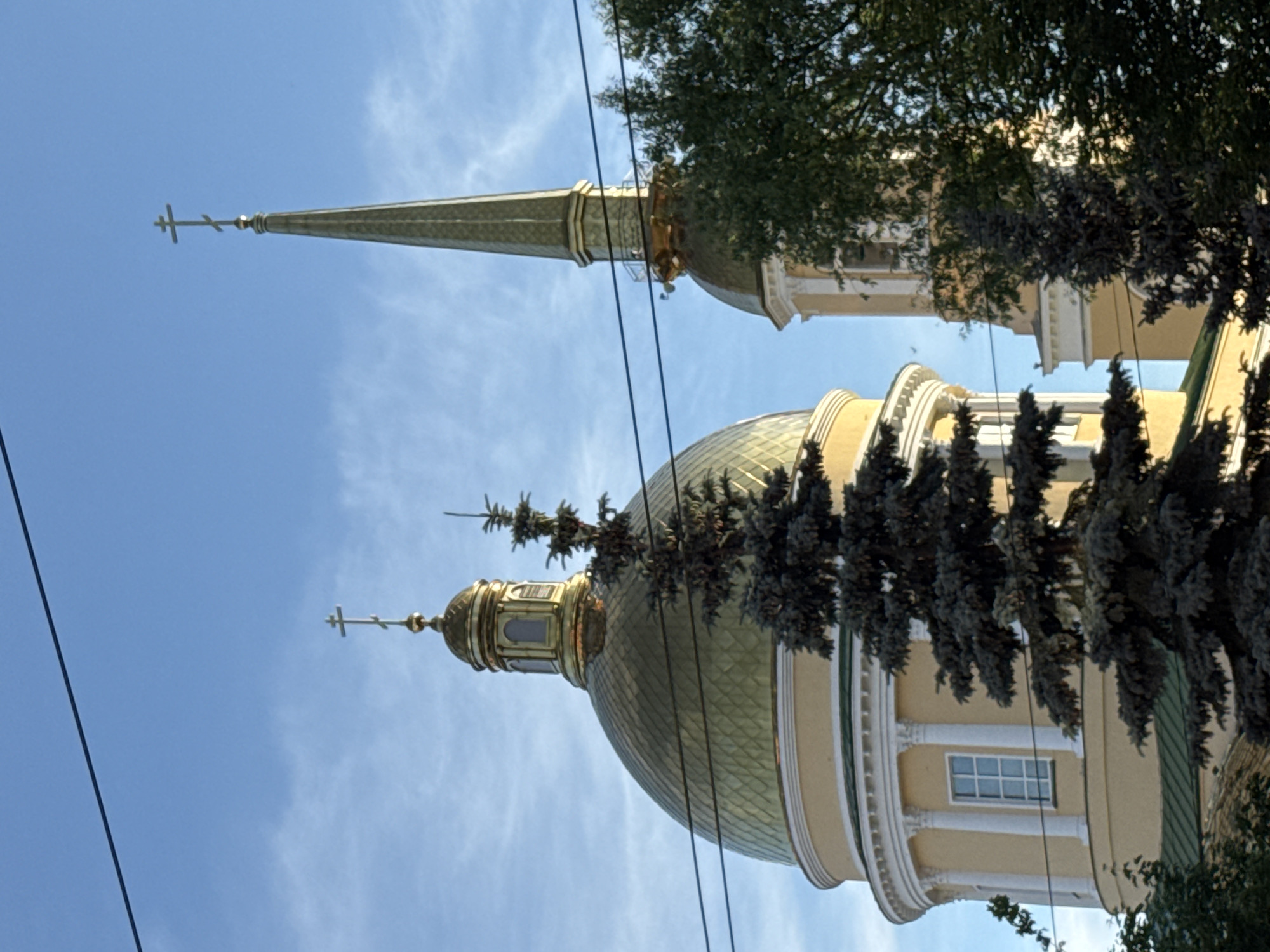 The image shows the golden domes and a spire of the Alexander Nevsky Cathedral in Izhevsk, Russia, set against a bright blue sky with wispy clouds. A dark, prominent pine tree stands in the foreground, partially obscuring the view of the cathedral's lower sections. Overhead power lines traverse the upper portion of the frame. The cathedral, a prominent religious building, is characterized by its ornate architecture, including classical columns and decorative detailing. The sun is illuminating the golden domes, giving them a warm glow. The overall impression is one of a clear, possibly late afternoon or early morning, sky over a significant urban landmark.