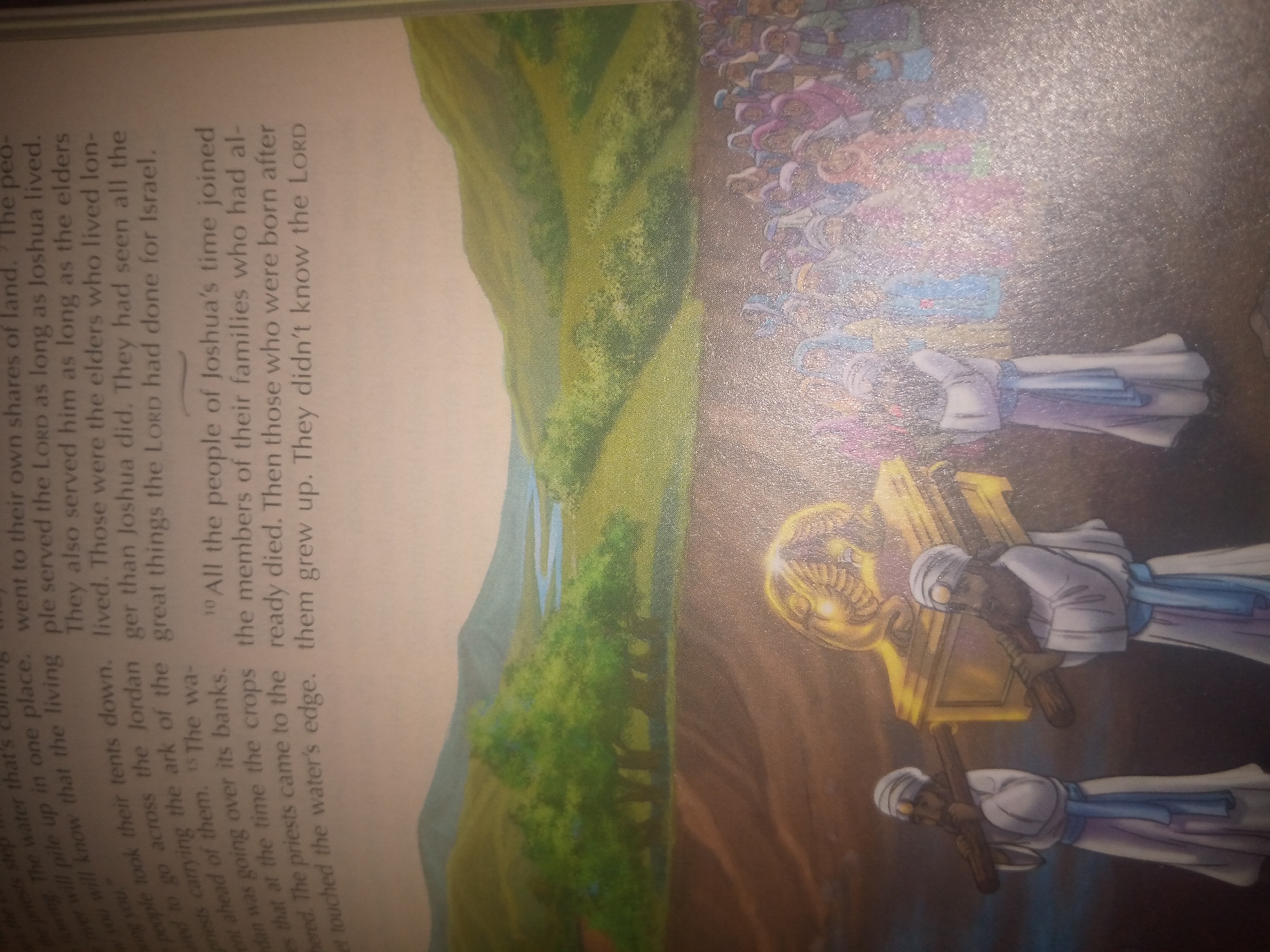 The image depicts a scene from the Bible, specifically the crossing of the Jordan River by the Israelites. On the left side of the image, text describes how the priests carrying the Ark of the Covenant stood on dry ground in the Jordan, allowing the people to cross. The text also mentions that those born after this event did not know the Lord. The right side of the image illustrates this event, showing priests in white robes carrying a golden Ark of the Covenant on poles. They are walking across a dry riverbed, while in the background, a large procession of people in colorful robes can be seen. The overall scene suggests a significant religious event, characterized by divine intervention and a transition for the Israelite people. The location of Jauro Yinu, Nigeria is not depicted or relevant to the provided image.