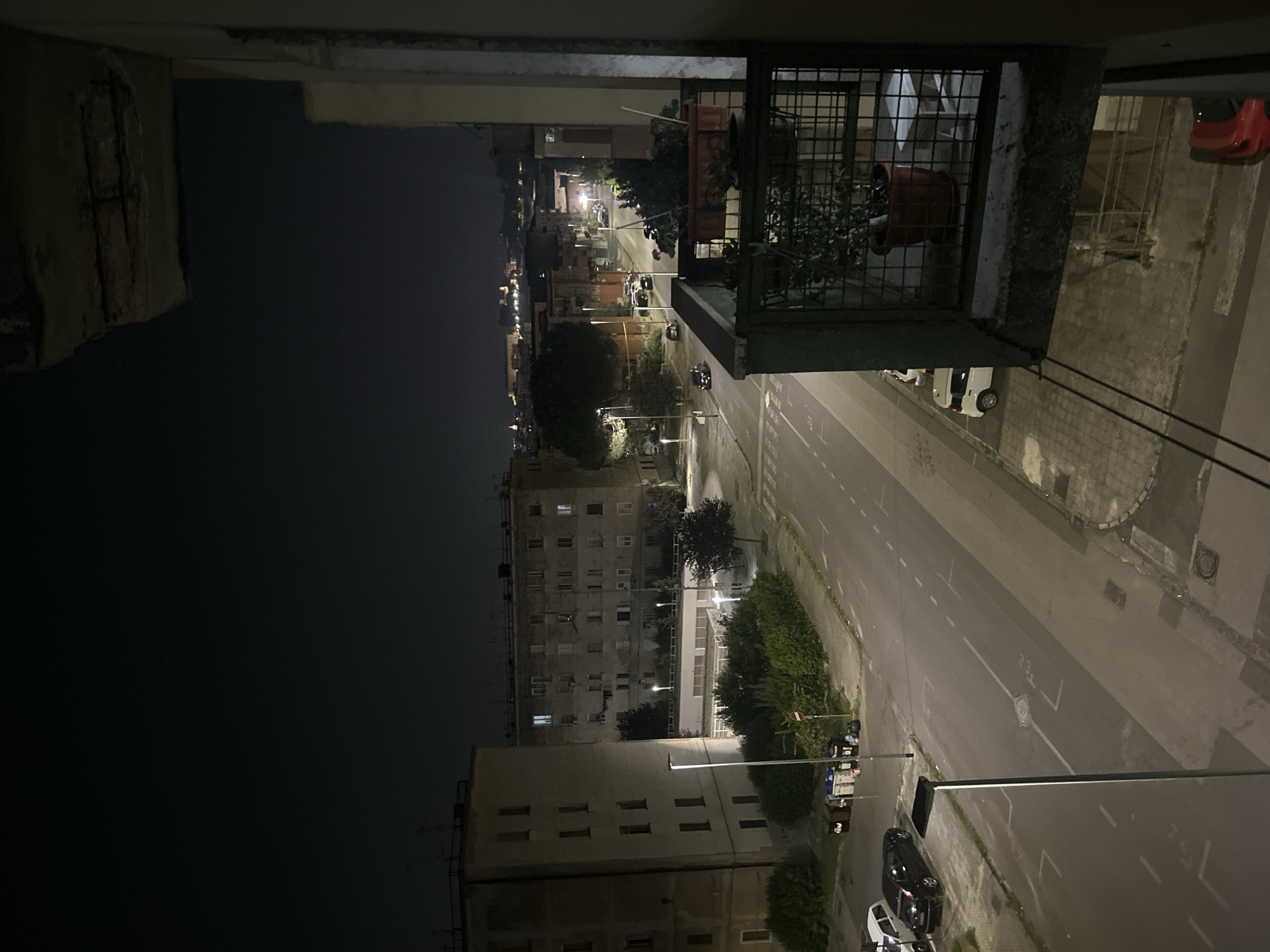 The image captures a nighttime view from a balcony overlooking a street in Benevento, Italy. The scene is characterized by artificial lighting from streetlamps and building windows, illuminating a residential area.
In the foreground, the balcony railing, made of dark metal, is visible. A large planter containing a potted plant sits on the balcony. The balcony itself appears to be part of an apartment building, with a concrete edge that shows some signs of wear.
Beyond the balcony, a two-lane street runs through the frame, bordered by sidewalks and buildings. Several parked cars are visible on the side of the road, including a black sedan, a white hatchback, and a red car further down. Streetlights line the road, casting pools of light.
The buildings are multi-story residential structures, appearing to be apartments. Some windows are illuminated, suggesting occupancy. In the distance, a cityscape with more buildings and lights can be seen, indicating a larger urban area. The sky is dark, typical of nighttime.
The overall impression is a quiet, urban night scene in Benevento.