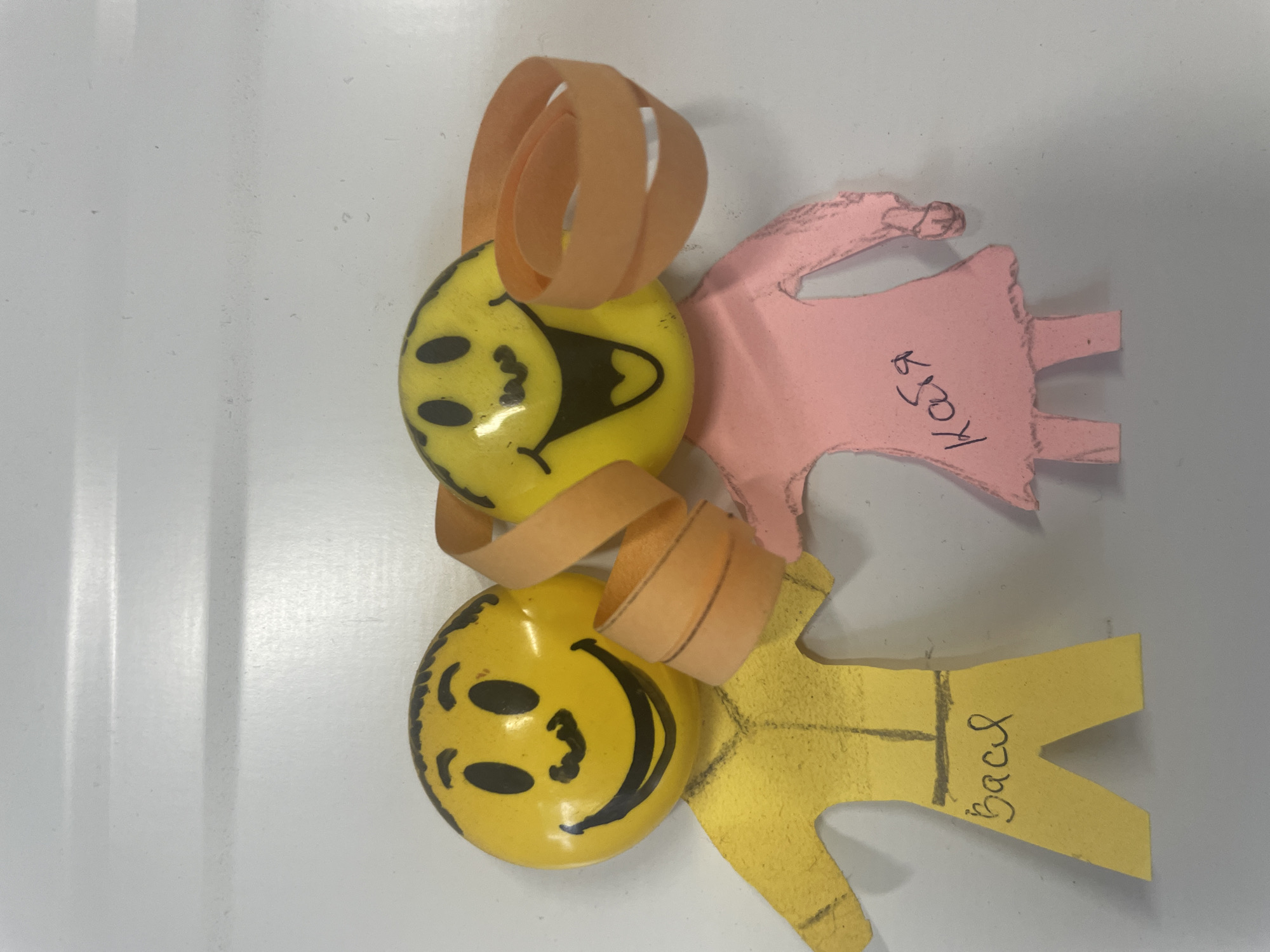 The image displays two handmade paper figures with yellow smiley face buttons for heads, positioned against a plain, light-colored, horizontally lined surface that appears to be a wall or partition. The figure on the left is predominantly yellow and has a drawing of a suit on its body, with the name "Вася" (Vasya) written on its legs. The figure on the right is pink and appears to be dressed in a dress, with the name "Катя" (Katya) written on its dress. Both figures have orange paper streamers attached to their heads, resembling hair or decoration. The figures are standing and appear to be placed side-by-side, suggesting a creative craft project. The location is identified as a specific point of interest in the city of Терволово, Russia.