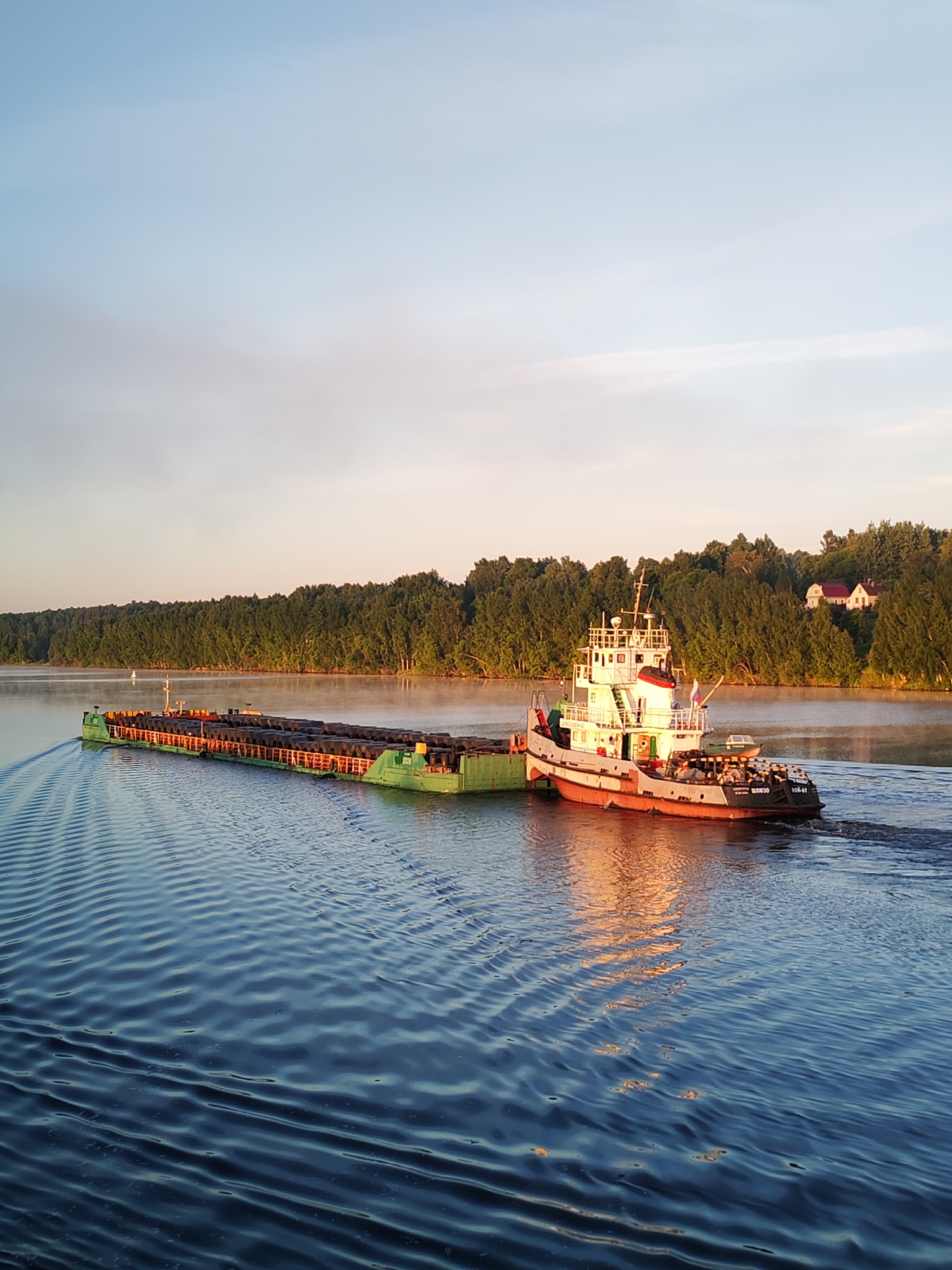 A tugboat and an attached barge navigate a wide body of water in Kabanovo, Russia, during what appears to be either sunrise or sunset. The tugboat, primarily white with a red hull, displays the markings "ЩВЛ30" and "ТСН-41" on its starboard side and flies a small flag. It is positioned to the right of the barge, pushing it forward, creating a distinct rippled wake in the calm, dark blue water. The long, green-hulled barge is heavily laden with numerous dark, cylindrical objects, likely industrial tires or similar large rubber items, stacked in organized rows across its deck.
The sun's low angle illuminates the scene with warm, golden light, casting reflections on the water surface and the vessels. The far bank of the waterway is densely covered with lush green trees, creating a continuous forested shoreline. On a rise within this forest, towards the right side of the image, two small, white houses with prominent red roofs are visible. In the water, closer to the far bank and to the left of the barge, a white conical navigational buoy is present. The sky above is clear, transitioning from a light blue at the zenith to a pale orange-pink hue near the horizon. No individuals are visible on either vessel or along the shoreline.