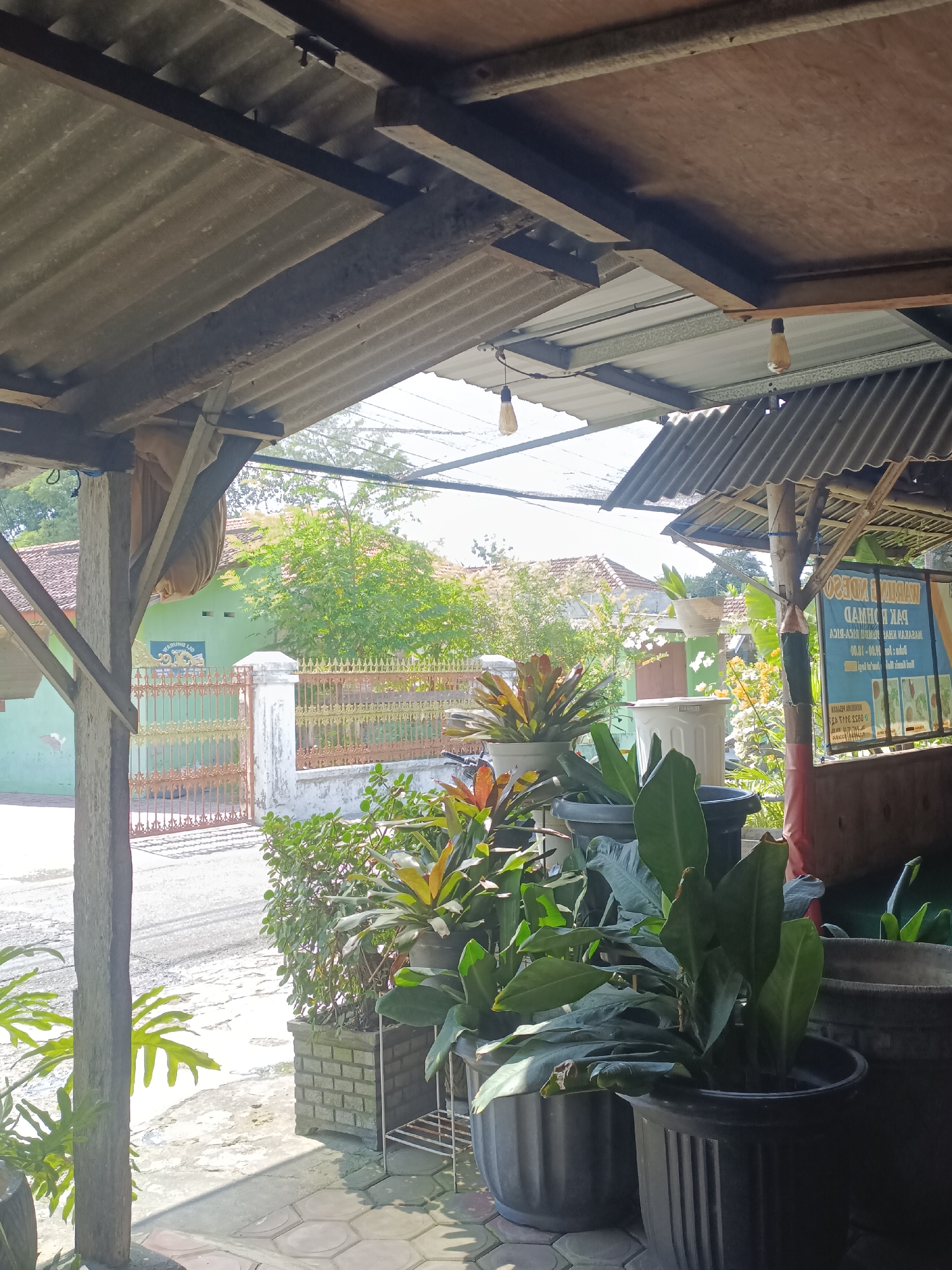 The image displays an outdoor scene in Janti, Indonesia, captured from beneath a multi-layered roof structure. Overhead, corrugated metal roofing panels are supported by wooden beams and metal framework, with two bare filament light bulbs suspended.

In the immediate foreground, a collection of potted plants is arranged on a paved surface composed of hexagonal tiles and concrete. Dominant elements include several large black plastic pots containing broad-leafed green plants, a grey rectangular planter resembling brickwork holding smaller green bushes, and a pot with a red and green variegated plant resembling a Bromeliad. A sturdy wooden support post is positioned on the left.

The midground features a paved street or driveway. To the left, a light green single-story building with a brown tiled roof is visible behind an ornate, rust-colored metal gate with geometric patterns. A sign on this building, partially obscured, reads "WARUNG LAO." Further right, a white concrete pillar marks a boundary, and another section of the metal gate is visible. On the right side of the midground, a vertical banner, appearing inverted, promotes "WARUNG NDOSO" and mentions "MASAKAN KHAS JAWA" (Typical Javanese Cuisine), indicating a food establishment. A white plastic bucket hangs from a bamboo pole nearby.

The background consists of dense green foliage from trees and bushes, with glimpses of other residential structures beyond. The sky is bright and clear, suggesting sunny daytime conditions. No human subjects are present, and no discernible actions are depicted.