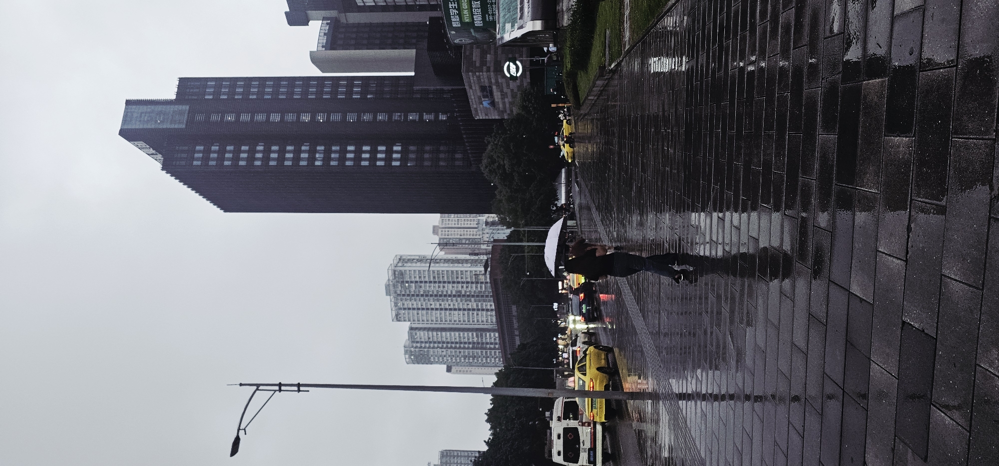 This image depicts a rainy, overcast day in an urban area, identified as Jiulongpo District, China.
In the foreground, a dark gray paved sidewalk made of rectangular blocks appears wet, reflecting ambient light, structures, and a pedestrian. A person is walking away from the camera on this sidewalk, holding a white umbrella open over their head. This individual is dressed in dark clothing, consisting of a dark top, dark pants, and dark shoes. Their reflection is clearly visible on the wet surface. To the right of the sidewalk, a narrow strip of green grass borders the pathway.
The midground features a multi-lane asphalt road, also wet and reflecting vehicle lights. On the left side of the road, a white ambulance with red markings and Chinese characters is parked or moving slowly. Behind it, two yellow sedan taxis are visible. Further down the road, additional vehicles, including a dark sedan and another yellow vehicle, are present, their headlights and taillights creating streaks of light on the wet pavement. A tall, light gray lamppost with a curved light fixture stands prominently on the left side, extending into the upper left quadrant of the frame.
The background reveals a dense urban landscape dominated by several tall buildings under an overcast, light gray sky. On the left side, multiple residential-style high-rise buildings, generally light-colored with numerous windows, are visible through and above dense green foliage. In the center-right, a distinctive tall, dark-colored modern skyscraper with a vertical pattern of square windows stands out. Its upper section features a recessed, lighter-colored architectural detail. To the right of this dark skyscraper, parts of other darker buildings are visible. Near the base of the dark skyscraper, a commercial building with various signs, including one with "KYLIN GROUP" in English and Chinese characters, and a circular logo (possibly 'G'), is present. Dense green trees and other street furniture, such as smaller lampposts, are interspersed throughout the scene.