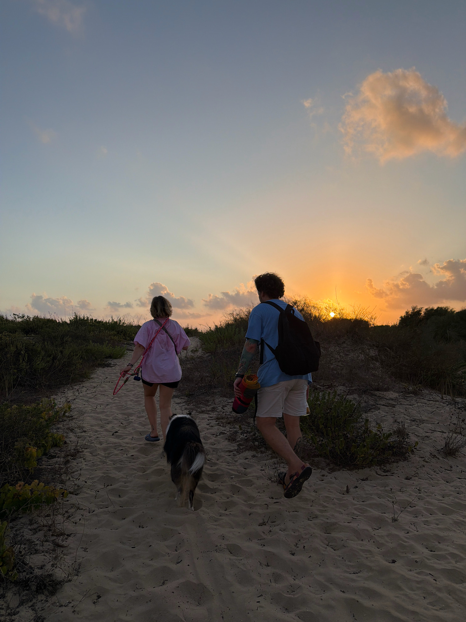 The image depicts a scenic sunset over a sandy path with two people and a dog walking away from the camera. The sky is a gradient of soft blues and oranges, with scattered clouds illuminated by the setting sun. The path is flanked by dense, low-lying vegetation. The person in front, wearing a pink t-shirt and dark shorts, has a leash in their hand. The person behind, wearing a blue t-shirt, white shorts, and a backpack, is carrying a rolled-up mat. The dog, a tricolor collie, walks between them on the path. The environment suggests a natural setting, possibly a park or coastal area. This scene is likely located in Rishon LeZion, Israel, given the context.