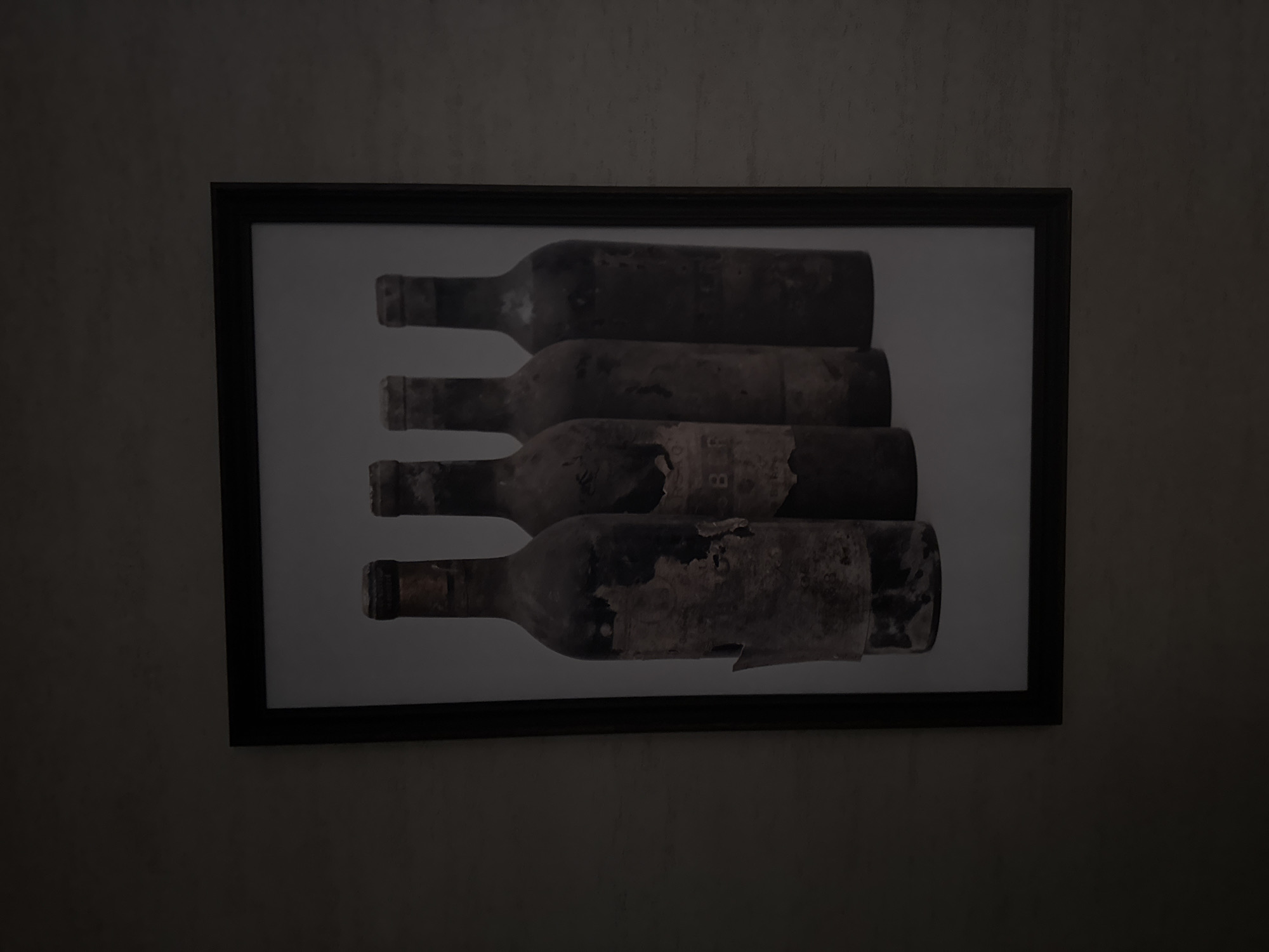 This media file shows a framed photograph of four antique wine bottles. The bottles are arranged horizontally and stacked vertically, with their necks pointing to the left. They appear to be very old, with weathered labels and darkened glass. The background of the photograph is a plain white or light gray. The frame is black and rectangular, and the photograph is hung on a wall with a textured, dark gray surface. The lighting is dim, creating a somber and moody atmosphere. The overall impression is one of history and perhaps neglect, suggesting the bottles are a relic of the past. There is no visible text that can be clearly deciphered in the image. Given the provided location context, these bottles could be from a winery or cellar in Cojușna, Moldova, a region known for its wine production. The image focuses solely on the inanimate objects, with no people or animals present.