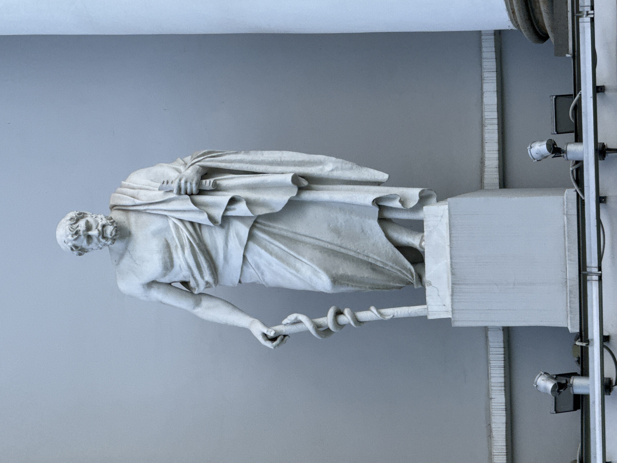 The image shows a statue of Asclepius, the Greek god of medicine and healing, in Saint Petersburg, Russia. The statue is made of white marble and depicts Asclepius as a bearded man wearing a robe. He is holding a staff with a snake coiled around it, which is a symbol of medicine. The statue is set against a light gray background. To the statue's right there is white trim, a cube that serves as the base for the statue, and some light fixtures. The statue is located outdoors.