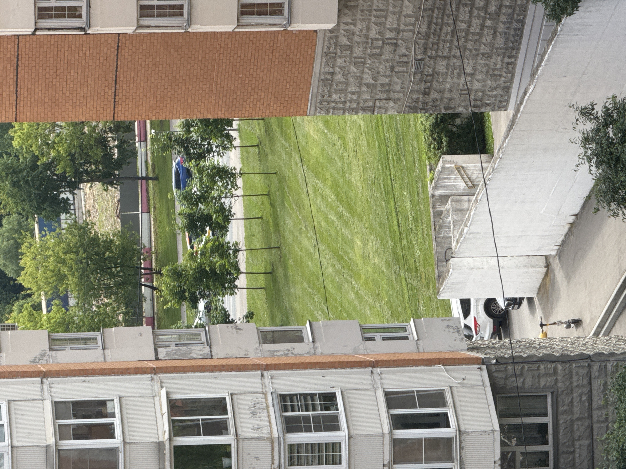 The image shows an aerial view of a residential area in Unknown, Unknown. On the left is a light-colored apartment building with multiple floors and windows. Adjacent to it, on the right, is a brick building with similar windows. Between the two buildings, a well-maintained grassy area is visible, bordered by a line of trees. In the foreground, a white wall separates the street from the grassy area. A white SUV and a black car are parked on the street, with a yellow electric scooter in front of them. The overall scene depicts a typical urban residential environment with green spaces.