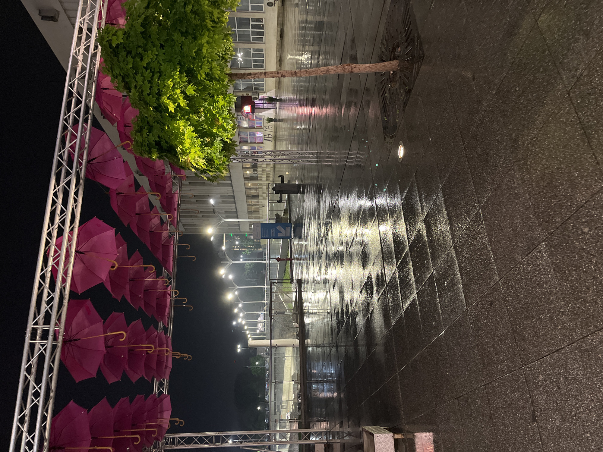 The image captures a rainy night scene in Plovdiv, Bulgaria, focusing on an outdoor installation. A display of numerous pink umbrellas is mounted on a metal scaffolding structure. A tree with vibrant green foliage is located adjacent to the umbrellas. The ground is wet, reflecting the surrounding lights. In the background, there are buildings with lighted windows, illuminated streetlights, and street signage. A bus stop and waiting area are also visible. The image suggests a public space, likely a pedestrian zone, decorated with an art installation for a specific event or celebration.