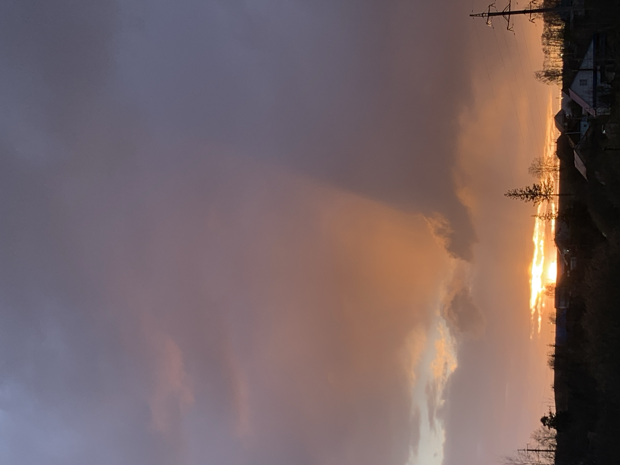 The image, captured in portrait orientation, depicts a dramatic sunset or sunrise over a rural or semi-rural landscape, likely in Фоки, Russia. The low sun, intensely bright and golden, is visible near the horizon on the right side of the frame, casting a warm glow across the scene.
The sky dominates the upper two-thirds of the image, showcasing a striking gradient of colors. Dark, muted purplish-gray clouds occupy the upper left and central parts, contrasting with the vibrant oranges and yellows near the sun. Streaks of light and illuminated clouds radiate outwards from the sun, highlighting their textures and forms. One distinct cloud formation in the middle-right appears partly illuminated from below, suggesting the sun is very low.
Along the horizon, silhouetted against the bright sky, are several features. To the right, dark outlines of houses with pitched roofs are visible, interspersed with bare trees and dense foliage, indicating a time of year when trees have lost their leaves. Further left along the horizon, more distant trees and structures can be discerned. Prominently in the upper right, a large power line pylon with multiple wires stretches across the sky, its dark silhouette adding a man-made element to the natural vista. Another smaller tree with a distinct conifer-like shape stands closer to the center, also silhouetted.
The overall mood is serene and awe-inspiring, characteristic of twilight hours, with the interplay of light and shadow creating a dynamic and colorful sky. There is no visible text in the image.