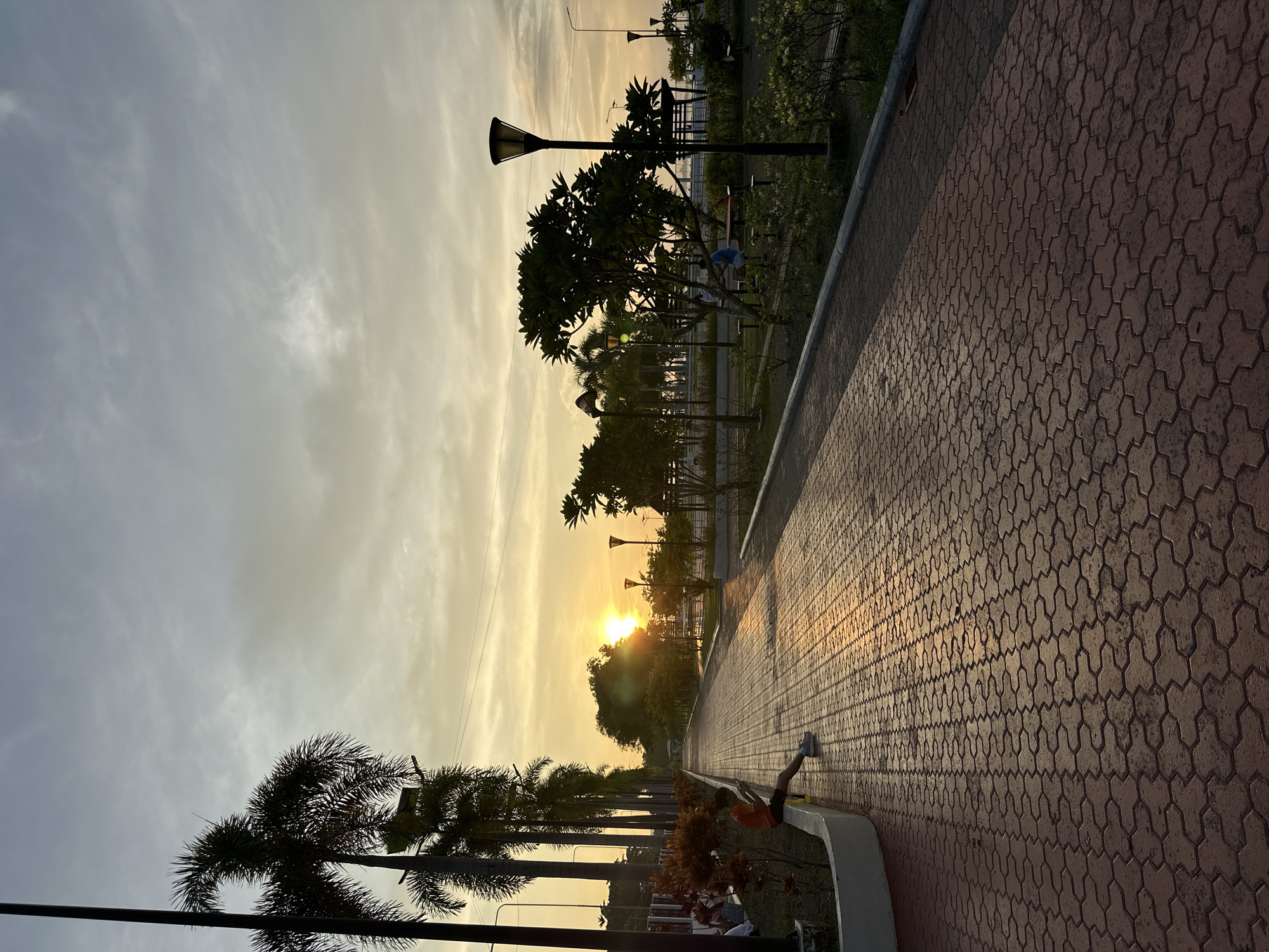 The image depicts a paved walkway in a park-like setting during sunset. The walkway is constructed from interlocking, reddish-brown pavers, creating a textured surface. The sun is low on the horizon, casting a warm golden glow and long shadows across the path.
On the left side of the walkway, a young person wearing an orange shirt and dark shorts is seated on a low, white concrete wall, looking down at a device they are holding. To the left of this individual, a row of tall palm trees stands silhouetted against the sky, interspersed with decorative foliage. In the background, more trees and park amenities like lampposts and benches are visible. The sky is a mix of soft blues, grays, and oranges, with diffused sunlight filtering through the clouds.
This scene is characteristic of the People's Park in Davao City, Philippines, a popular urban green space known for its walking paths, gardens, and recreational areas, often visited during sunrise and sunset.
