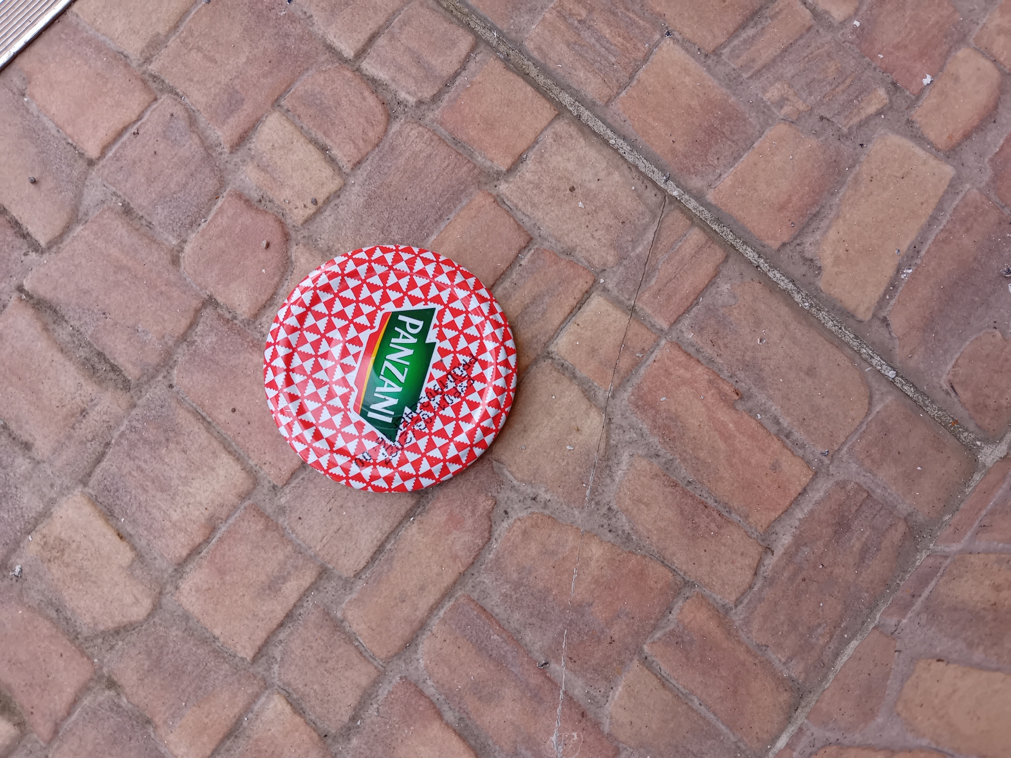 A round, red and white patterned lid with the brand name "PANZANI" printed in green on a white and yellow rectangle is lying on a reddish-brown tiled surface. The tiles are laid in a brick pattern with visible grout lines. The lid is positioned in the upper left quadrant of the image, at an angle. The environment appears to be an outdoor surface, possibly a patio or walkway. The image is a close-up shot, with no other objects or people visible.