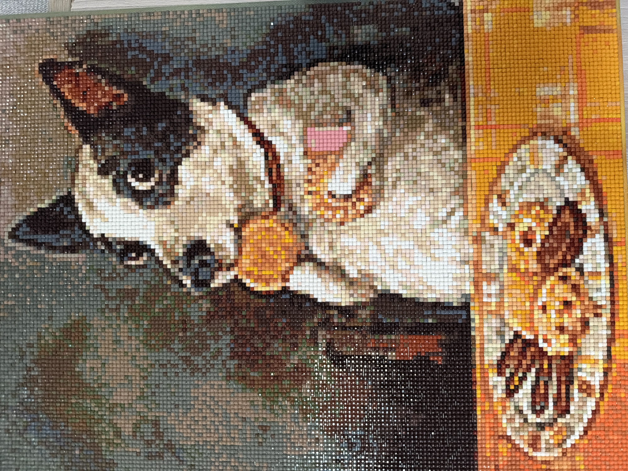 The image shows a partially completed diamond painting depicting a dog, lying down with a collar and tag. To the right is a framed portrait of another dog. The background varies in color, with shades of gray, brown, and green.