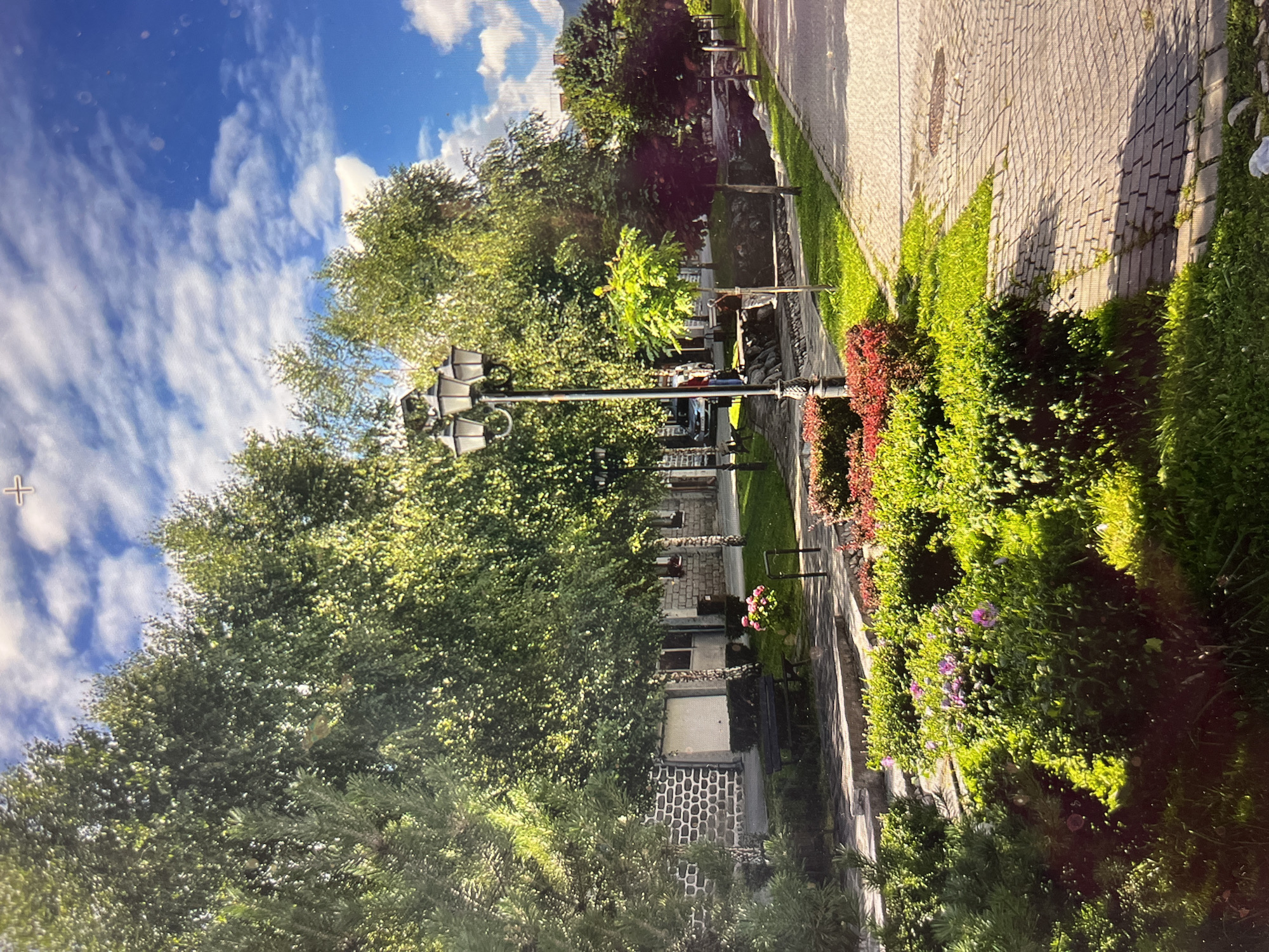 This image shows a street scene. A stone-paved pathway runs along the right side of the image. The pathway is bordered by a variety of greenery, including bushes with red and purple flowers. A row of decorative street lamps lines a grassy area with benches. Buildings are visible further in the background, partially obscured by the trees. The sky is visible in the upper left corner with white, puffy clouds. The location is a city street in an unknown location.