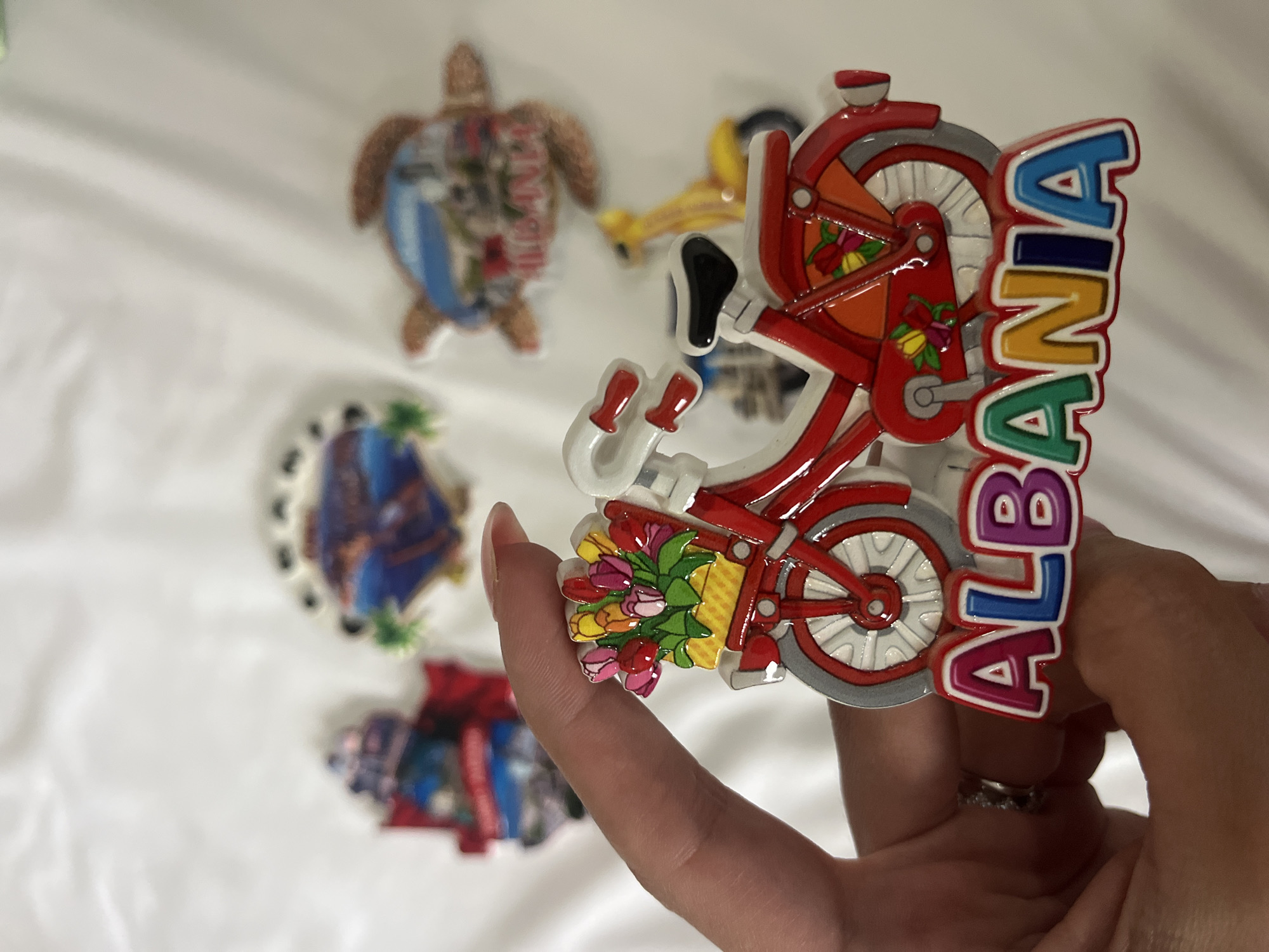 A close-up shot shows a hand holding a red bicycle-shaped magnet. The magnet is decorated with a basket of colorful tulips and has the word "ALBANIA" in bold, multicolored letters below it. In the background, slightly out of focus, are other souvenir magnets, including a turtle and a circular magnet with a landscape. The magnets are placed on a white, wrinkled surface, likely a bedsheet.