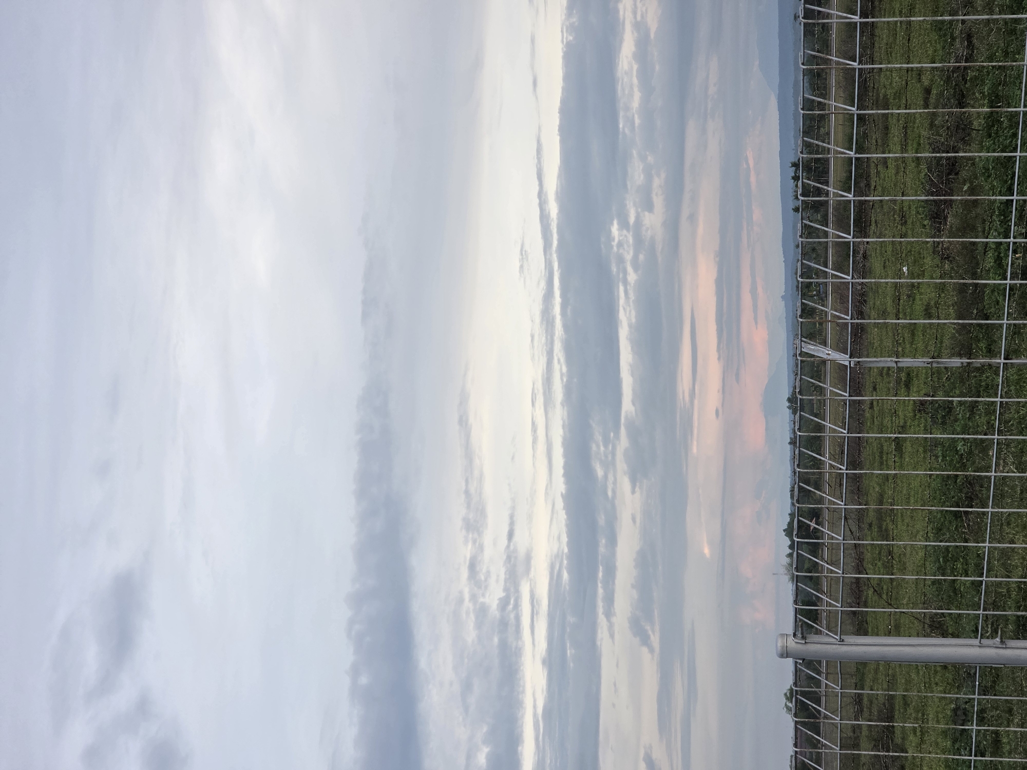 The image shows a metal fence running vertically along the right side of the frame, in what seems to be a rural area near Pintomakmur, Indonesia. Beyond the fence is a field of green grass and low vegetation. The background features a horizon line with a faint outline of hills or distant mountains. The sky occupies most of the frame, displaying streaks of light clouds with hues of grey, blue, and hints of orange possibly indicating sunrise or sunset. The image is taken from ground level and is slightly angled.