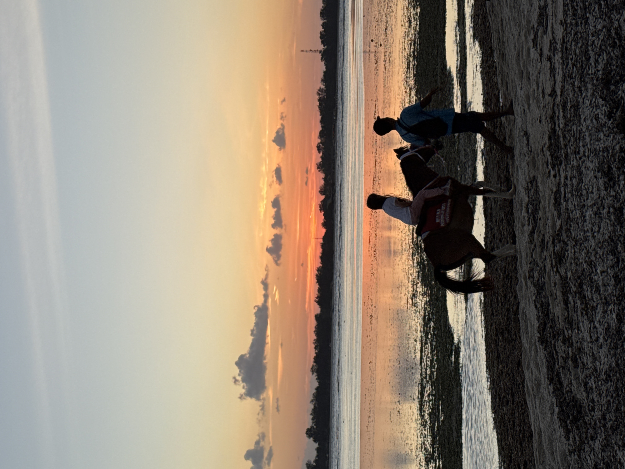 An image depicts a silhouetted beach scene at sunset. The sky is a gradient of soft oranges and yellows, with some scattered clouds. The sun is low on the horizon, casting a warm glow over the water. In the foreground, a person is riding a horse on the beach, accompanied by another person walking alongside. The water is calm and reflects the colors of the sunset. The background shows a line of trees and vegetation against the vibrant sky. The overall atmosphere is peaceful and serene, evoking a sense of tranquility and natural beauty.