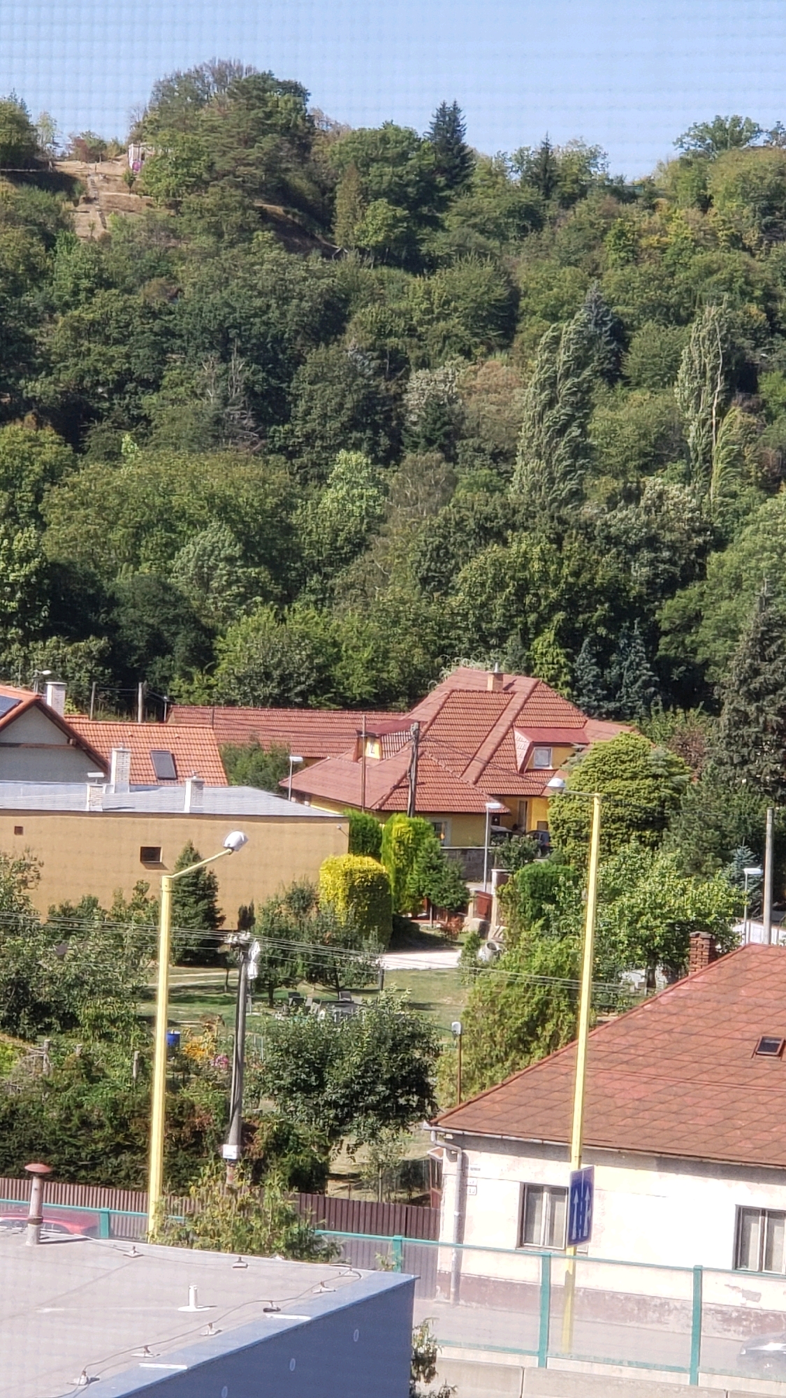The image shows a densely wooded hillside overlooking a residential area. The hillside is covered with a mix of deciduous and coniferous trees, with some bare earth visible on the upper slopes. In the foreground, there are several houses with red tile roofs and yellow facades. There is also a street with a lamppost and a traffic sign. The sky is clear and blue. The image appears to have been taken during the daytime. The scene is located in the city of Prešov, Slovakia.