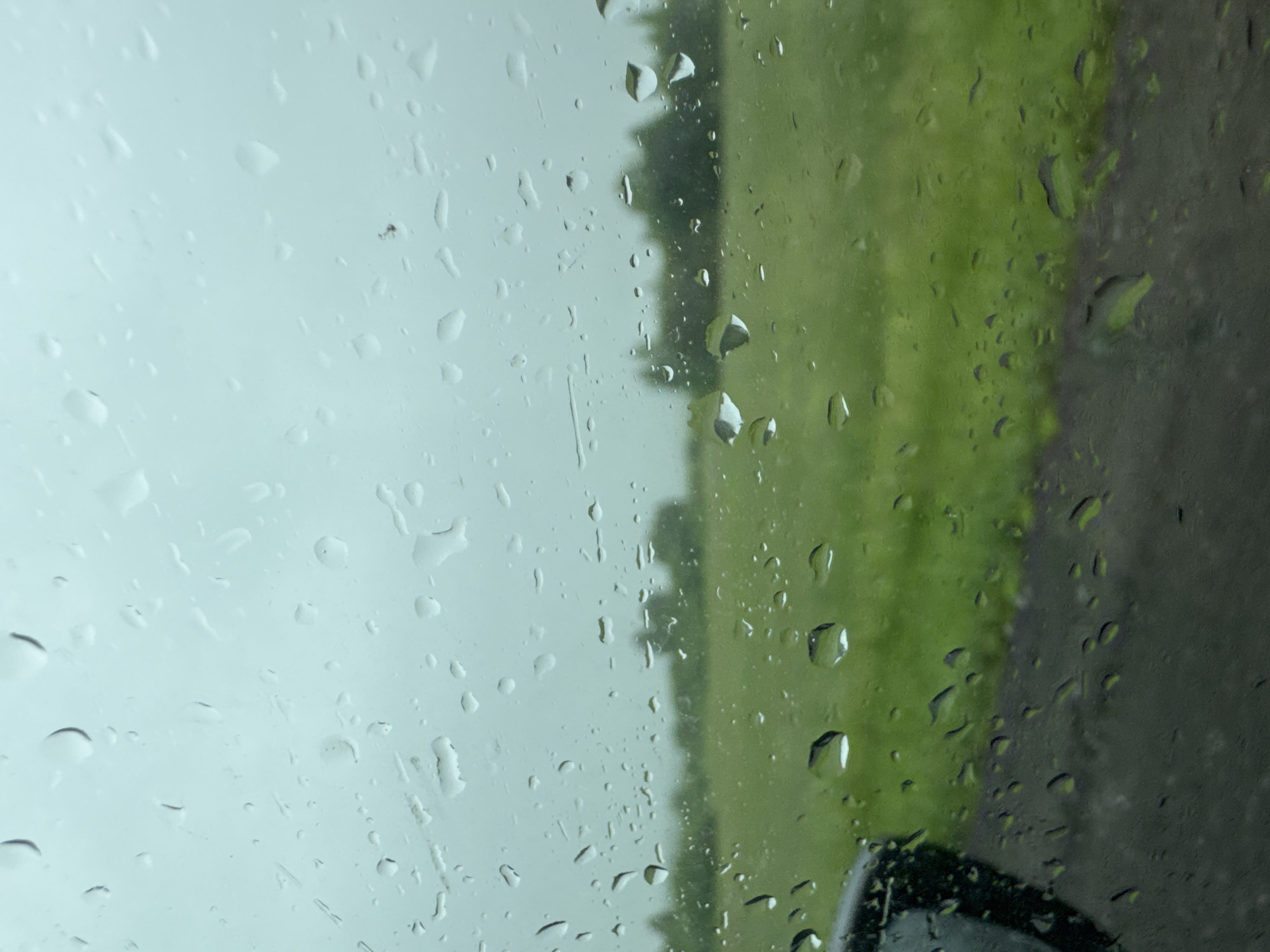 The image depicts a view through a rain-streaked window, likely of a vehicle, looking out onto a green, grassy field bordered by trees in the distance. The sky is overcast and a light gray. The foreground is dominated by numerous water droplets on the glass, distorting the view of the exterior landscape. A portion of a black car exterior, possibly a side mirror or part of the door frame, is visible in the lower left corner. The scene suggests an outdoor environment with inclement weather. No people or specific landmarks are identifiable to pinpoint a location within Arkhangelskoye, Russia.