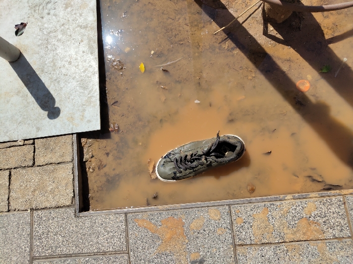 An overhead image captures a scene on a paved surface in Tel-Aviv, Israel, featuring a muddy puddle. The puddle, filled with turbid reddish-brown water, occupies a rectangular depression adjacent to a sidewalk. The sidewalk consists of light grey speckled square tiles to the far left, bordered by lighter brown, rectangular paving stones.
A single dark olive-green athletic shoe with black laces is partially submerged in the puddle, resting on its side with the toe oriented towards the upper right. Its white sole is visible around the edges.
Debris within the puddle includes small dark objects, a distinct yellow leaf, and an orange circular plastic cap. In the upper right of the frame, a flat, light grey square base supports a white cylindrical pole, both casting elongated shadows across the water. A bright reflection of sunlight is present on the water's surface, and another shadow extends from the lower right frame edge.