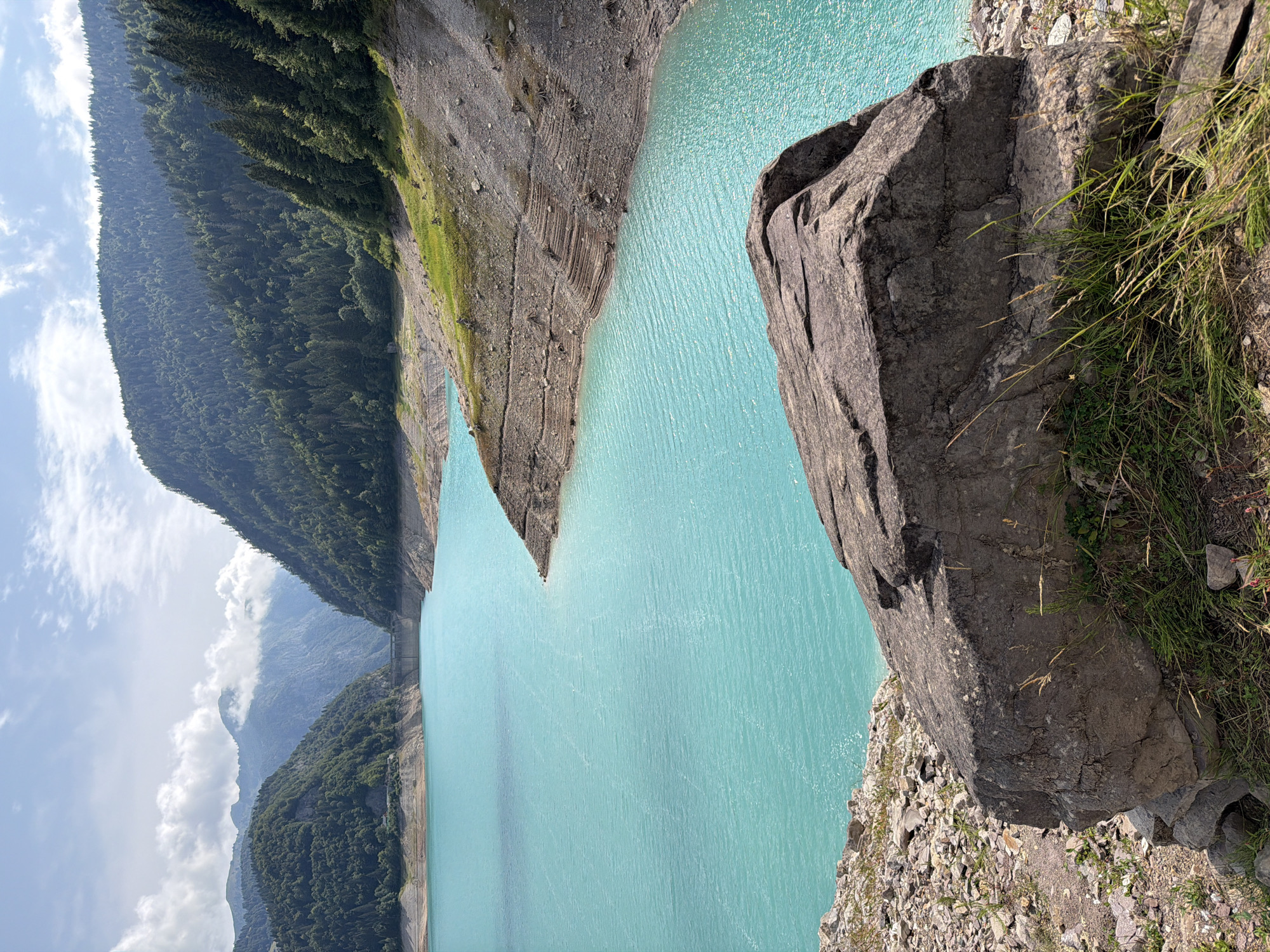 This is a vertical, medium shot of a turquoise lake in a mountainous region. In the foreground, a large, grey boulder is positioned on the left side of the image, taking up the bottom left quadrant. Sparse green grass and dry vegetation grow around the base of the boulder and on the rocky, uneven ground.
The lake occupies the majority of the image, its vibrant turquoise water rippling gently. The shoreline on the right side of the lake is rocky and barren, with visible layers of sediment indicating a lower water level. Further back, steep, tree-covered mountains rise on either side of a narrow inlet of the lake, with a dam structure visible in the distance at the end of the inlet. The sky above is blue with scattered white clouds. The scene depicts a natural landscape with a man-made structure. No people are present in the image. The location is Ampezzo / Dimpeç, Italy.
