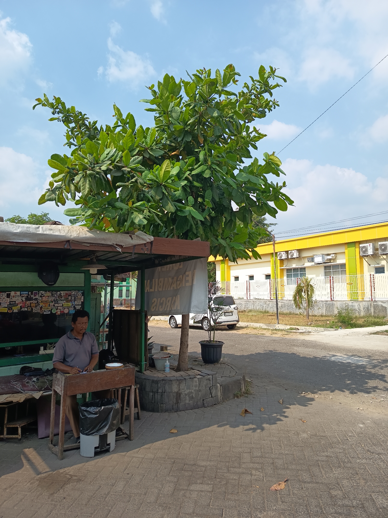 A medium shot captures an outdoor scene in Karanganyar, Indonesia, on a clear, sunny day. In the foreground, a man with dark hair and a grey polo shirt is seated behind a wooden counter, appearing to be engaged in some activity, possibly writing or preparing something. In front of him, a black trash can with a white base is visible. To the left of the man is a small food stall with a green facade, adorned with various stickers. A large tree with lush green leaves dominates the upper portion of the image, casting dappled shadows on the paved ground. Behind the stall, a white car is parked. Further in the background, a modern building with yellow and white accents and several air conditioning units is situated behind a white fence. The environment appears to be a roadside or public area.