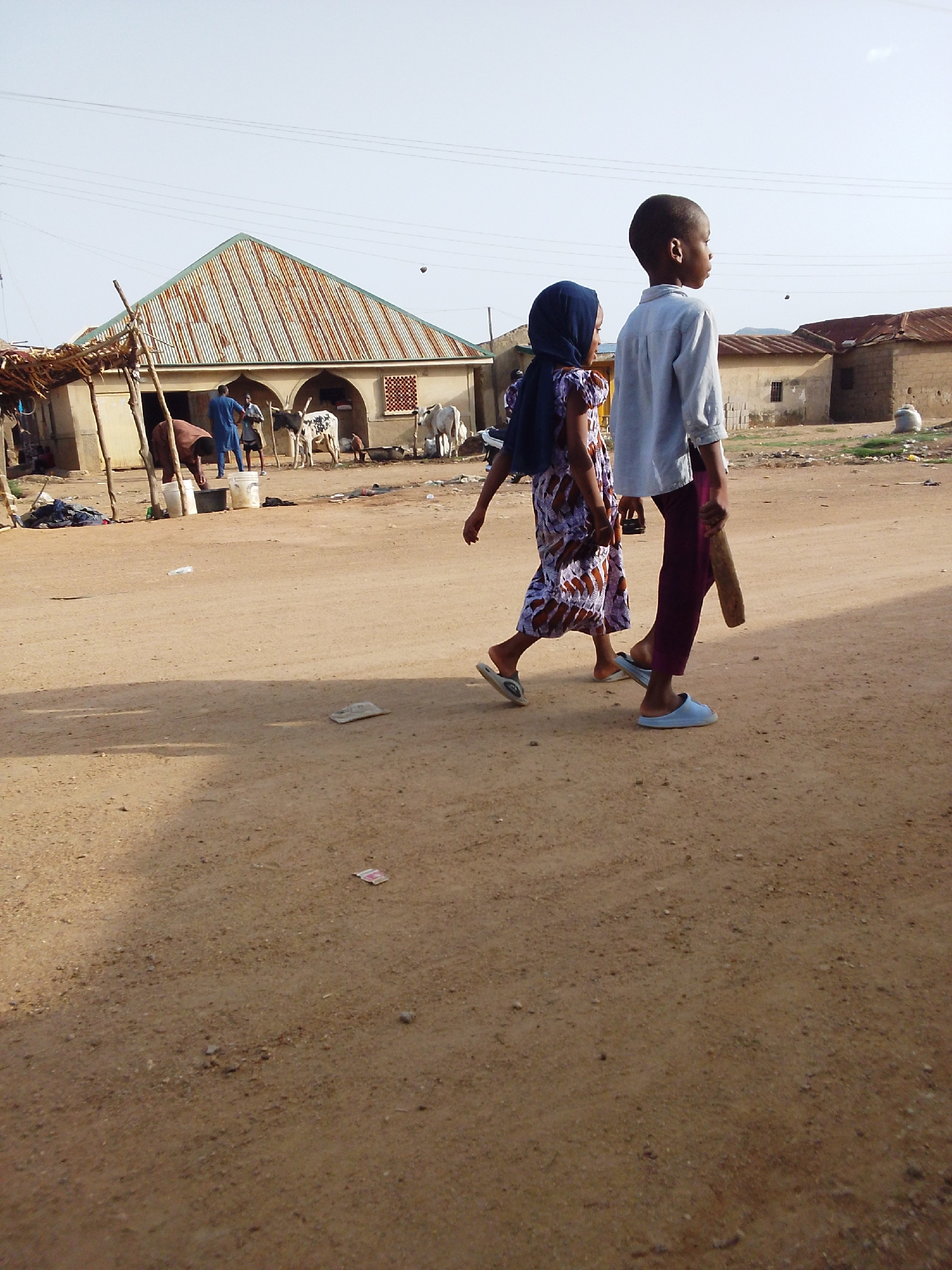 Two children, a girl and a boy, are walking on a dirt road in Bauchi, Nigeria. The girl wears a patterned dress and a blue hijab, while the boy wears a light-colored shirt and dark pants. He carries a stick in his hand. In the background, there are houses with corrugated metal roofs and people tending to livestock. There are overhead power lines in the distance. The scene appears to be a rural or semi-rural setting.