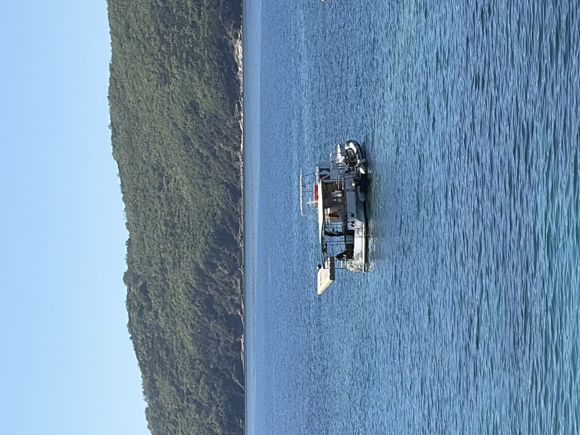 The image shows a boat in the Adriatic Sea near Budva, Montenegro. The boat is multi-tiered and has a white dinghy mounted on its roof. It is relatively close to a steep, green, forested coastline that dominates the left side of the image. The sea is calm, with a slight ripple. The sky is clear and blue.
