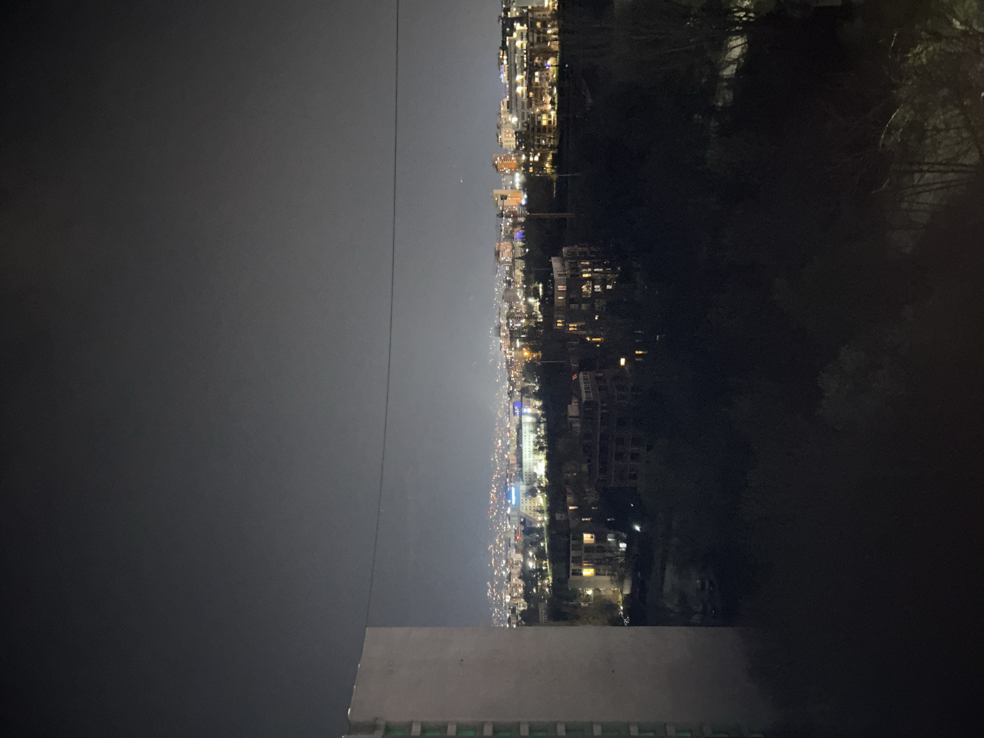 The image depicts a nighttime cityscape, possibly taken from a high vantage point. The left side of the frame is dominated by a dark, overcast sky. The city sprawls across the center, with lights from buildings and streets creating a dense, illuminated network. On the right, dark foliage, presumably trees, obscures portions of the city. The bottom of the image shows a building with a visible, light-colored facade. Considering the architectural style of the buildings visible in the city, it is highly probable that the image was taken in the city of Sofia, Bulgaria.